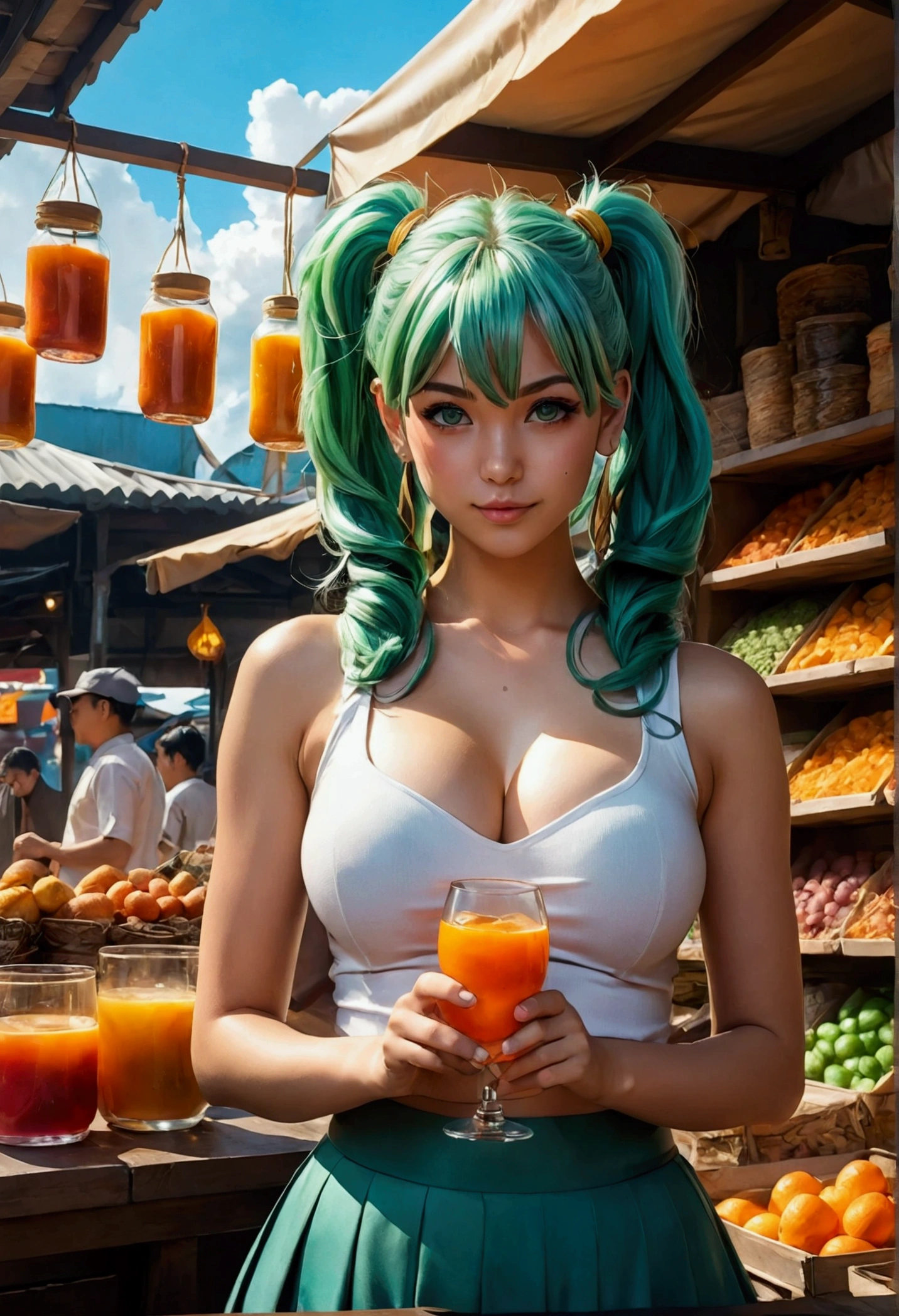 anime manga in 4D vivid colors high quality sombria art sexy big tits Madara + Bulma DBZ fênix Portrait front view of a girl standing in a mystical marketplace with green diamond hair in a flowing ponytail in a dynamic pose she is holding a glass of bubbling potion out to the view black eye in the background are busy vendors and magical light and smoke from the various market stalls anime style intricate detailed bright colors fantasy concept art digital art intricate oil on canvas