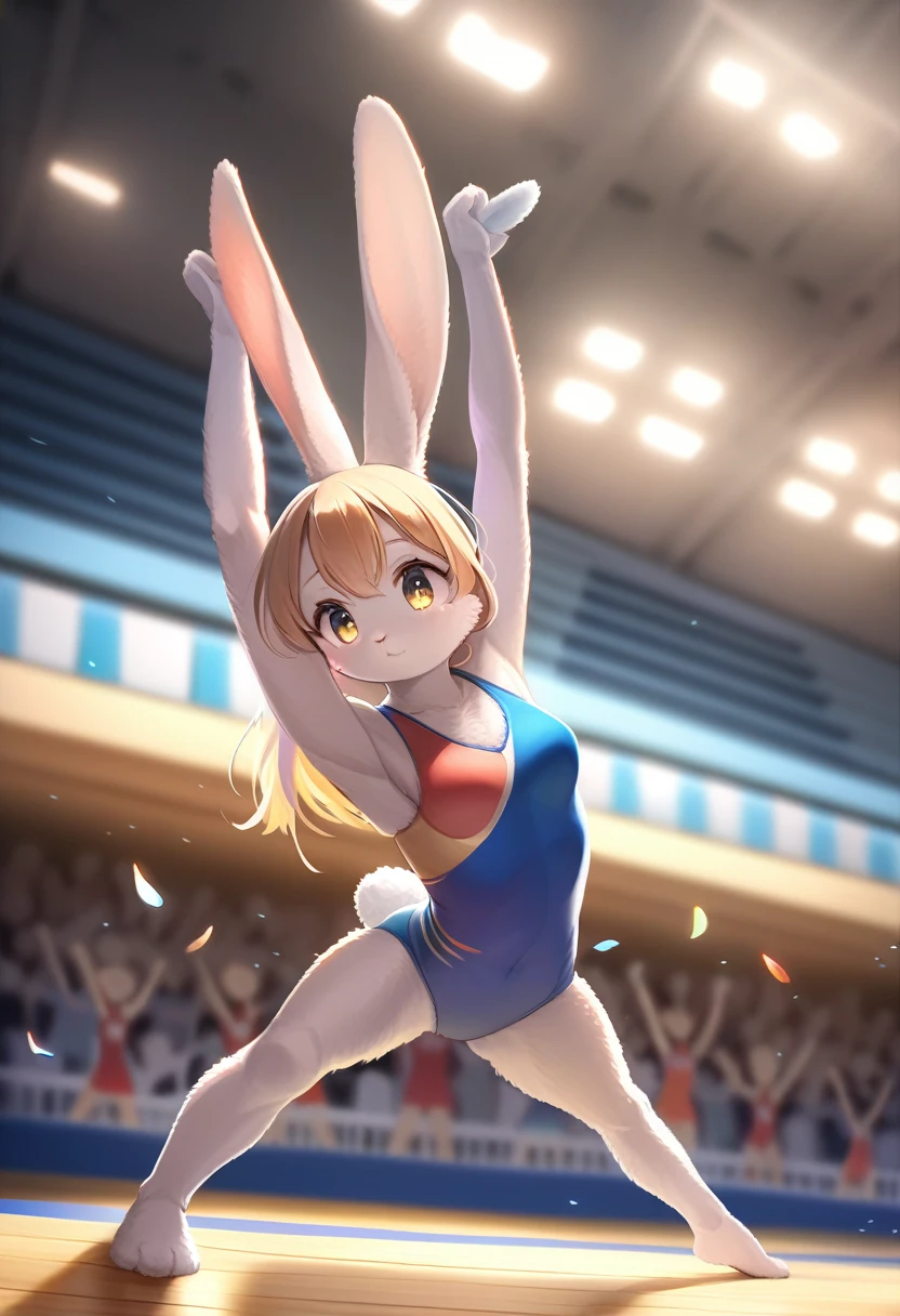 ((Masterpiece)), ((Best Quality)), (Very Detailed), ((Very Detailed)), 4K, (8K), very aesthetic, absurdres highres, 1 girl, (anthropomorphic Rabbit, furry, kemono:1.5), A highly detailed image of a gymnast in a vibrant, colorful uniform, raising both hands in a triumphant pose on the polished gymnasium floor. The gymnast is illuminated by warm, golden spotlights that cast dramatic shadows, while the audience in the background is captured in various states of excitement and awe. The texture of the gym floor and the intricate details of the gymnast’s muscles and uniform are clearly visible, conveying a sense of tension, concentration, and victory.