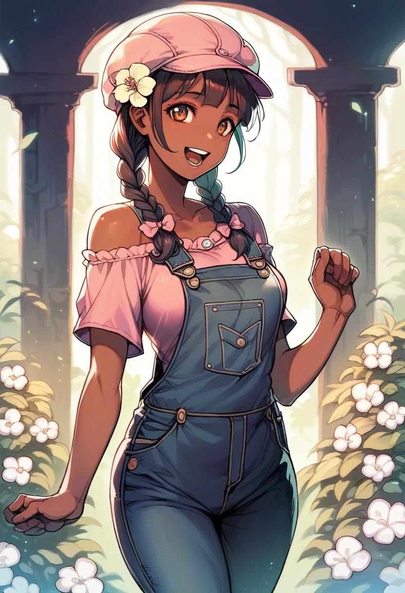 (((Masterpiece))), best quality, cowboy shot, perfect anatomy, realistic face, outdoors, sunny, warm sunlight, backlighting, dramatic lighting, painterly 1girl, twintails, ((long hair)), solo, overalls, three quarter view, flower on head, dark skin, dark skinned female, medium breasts, pink shirt, (loli), off shoulder, open mouth, dynamic pose, smile, teeth, cabbie hat, braided ponytail