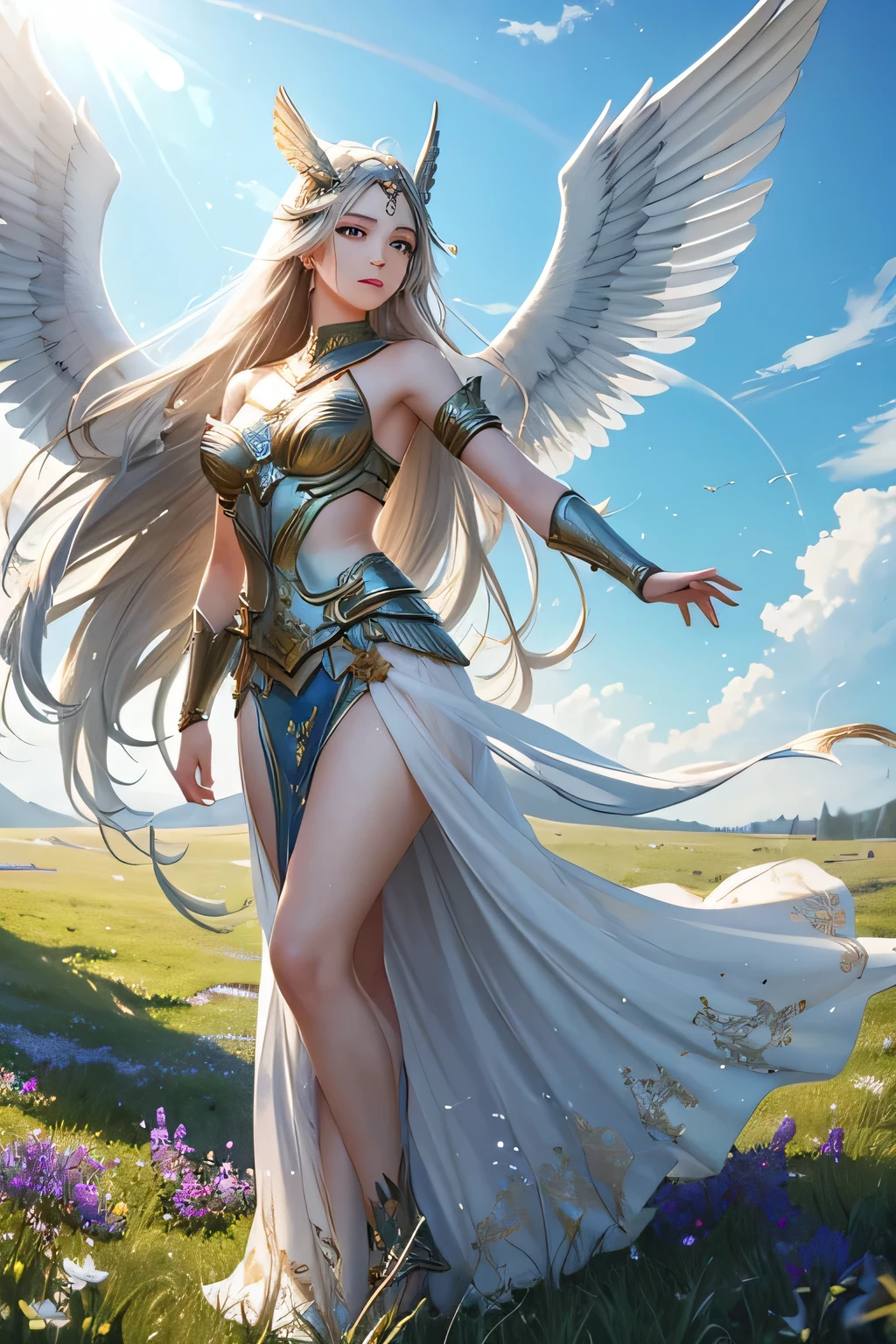 A beautiful Valkyrie stands in a serene meadow bathed in daylight, performing a solemn dance to honor and send the souls of her fallen comrades to the heavens. She is adorned in radiant, ethereal armor that glimmers in the sunlight, with intricate designs and flowing fabric that moves gracefully with her every motion. Her long, flowing hair cascades around her as she dances, and her wings are spread wide, catching the light and adding to the majestic scene. The background features a clear blue sky with a few wispy clouds and the lush green of the meadow dotted with wildflowers. The air is filled with a sense of peace and reverence as the Valkyrie’s dance bridges the earthly and the divine.