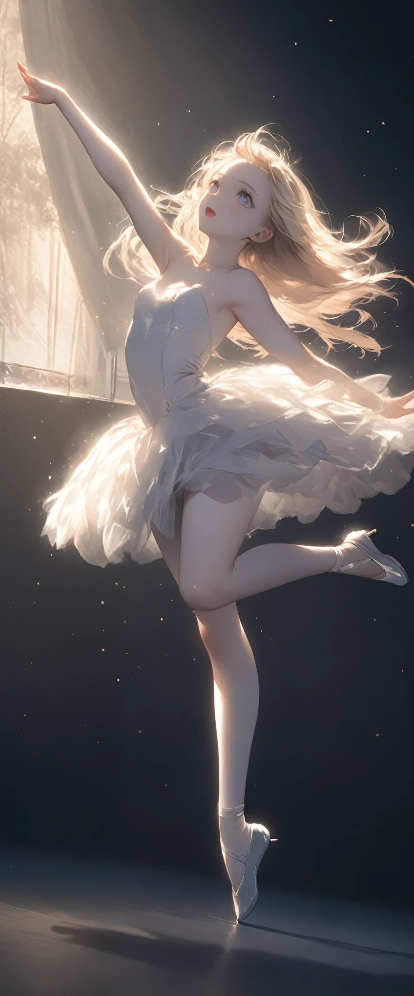 
quality\(masterpiece, best quality,8k,wallpaper of extremely detailed CG unit,hight resolution,top-quality,top-quality real texture skin,hyper realisitic,increase the resolution,RAW photos,best qualtiy,highly detailed,the wallpaper\), BREAK ,solo,1girl\(ballet dancer\(princess odette\), very beautiful,teen, white skin,smooth skin, shiny blonde hair, big eyes, well-defined face, sweat, long eyelashes, tutu dress\(beautiful,shiny, (Transparent:0.5), ballet shoes, slender, dancing\(Swan Lake\), (dynamic pose:1.6),full body,in the air\), BREAK ,background\(inside, ballet stage, dark, beautiful spotlight, simple,fog\), (dynamic angle:1.6), (Pulitzer Prize winning photo:1.3), (award winning photo), beautiful lightworks, great shutter speed, great depth of subject, artistic photo,(long shot:1.5),(wide shot:1.5)