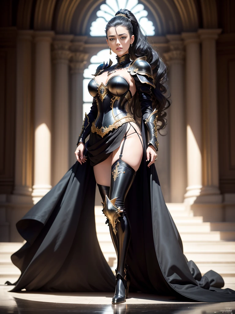 full body beauty  sensual queen very long black straight hair blue eyes red lips slim tall perfect figure perfect thighs long shapely legs long tight gold decorated metal armor wide shield intricate details intricate silver jewelry black leather gloves hands , tall boots with high heels, holding a bush decorated with bas-reliefs in his hand in front of him, at night, in the gallery of a gloomy museum, gloomy atmosphere, foreboding shadows, ultra-realistic