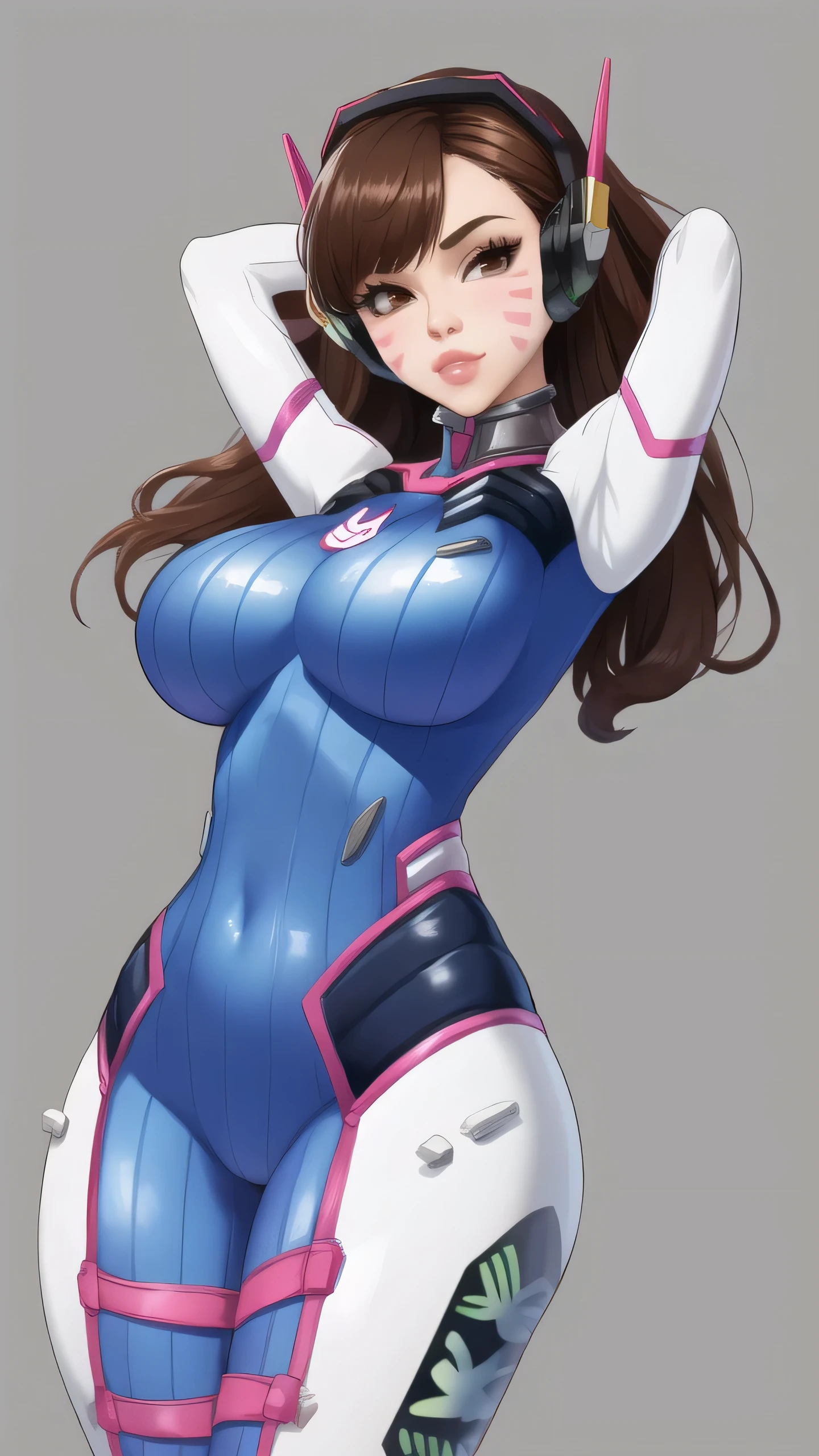 (best quality), (masterpiece), 1 girl, early 20's, huge heavy breasts, busty, massive breasts, thick, thick lips, wide hips, thin waist, d.va, bodysuit, brown hair, facial mark, gloves, breasts, brown eyes, pilot suit, cowboy shot, headphones, white gloves, medium breasts, swept bangs, skin tight, animal print, bangs, bunny print, ribbed bodysuit,