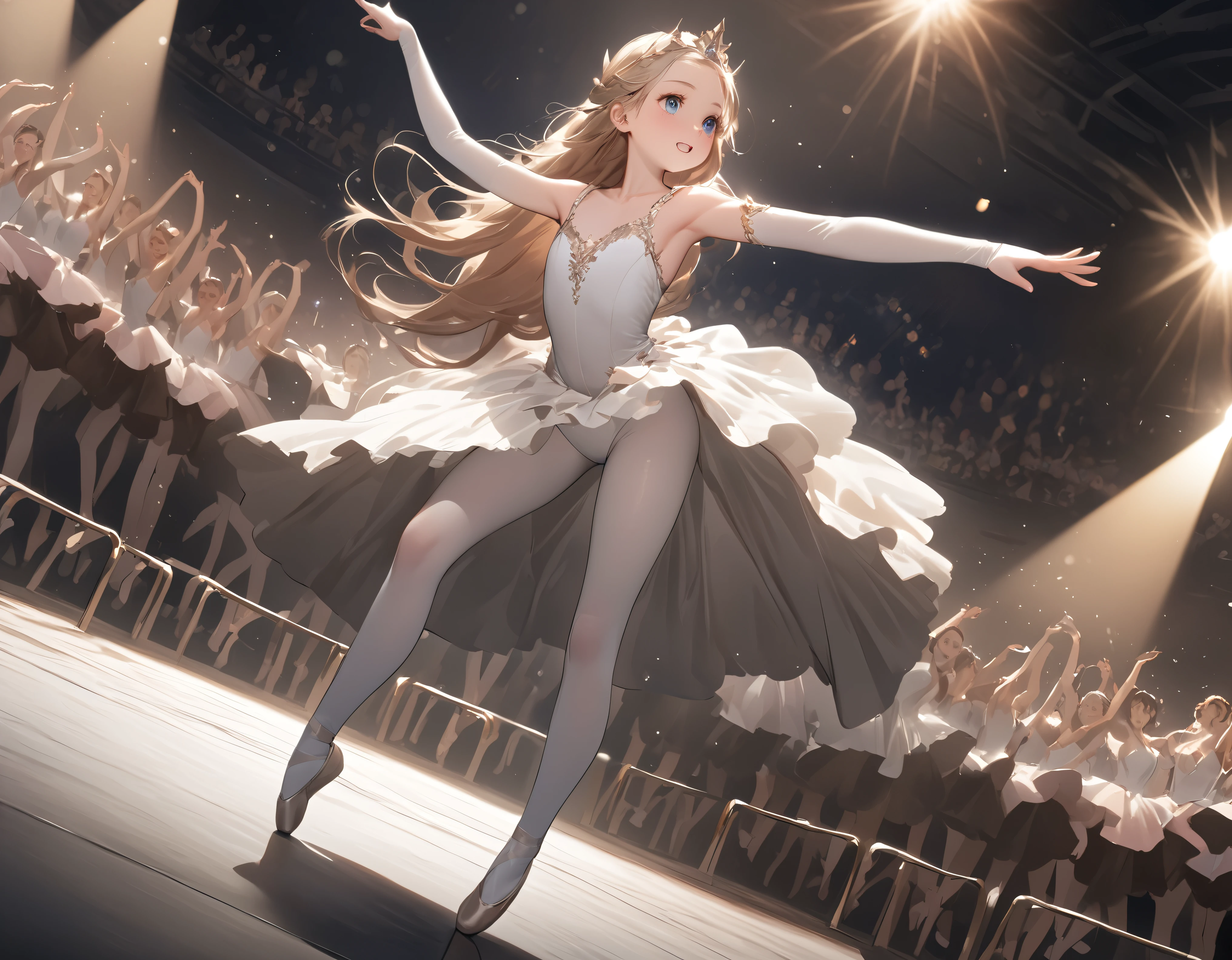 
quality\(masterpiece, best quality,8k,wallpaper of extremely detailed CG unit,hight resolution,top-quality,top-quality real texture skin,hyper realisitic,increase the resolution,RAW photos,best qualtiy,highly detailed,the wallpaper\), BREAK ,solo,1girl\(ballet dancer\(princess odette\), very beautiful,teen, white skin,smooth skin, shiny blonde hair, big eyes, well-defined face, sweat, long eyelashes, tutu dress\(beautiful,shiny, (Transparent:0.5), ballet shoes, slender, dancing\(Swan Lake\), (dynamic pose:1.6),full body,in the air\), BREAK ,background\(inside, ballet stage, dark, beautiful spotlight, simple\), (dynamic angle:1.6), (Pulitzer Prize winning photo:1.3), (award winning photo), beautiful lightworks, great shutter speed, great depth of subject, artistic photo,