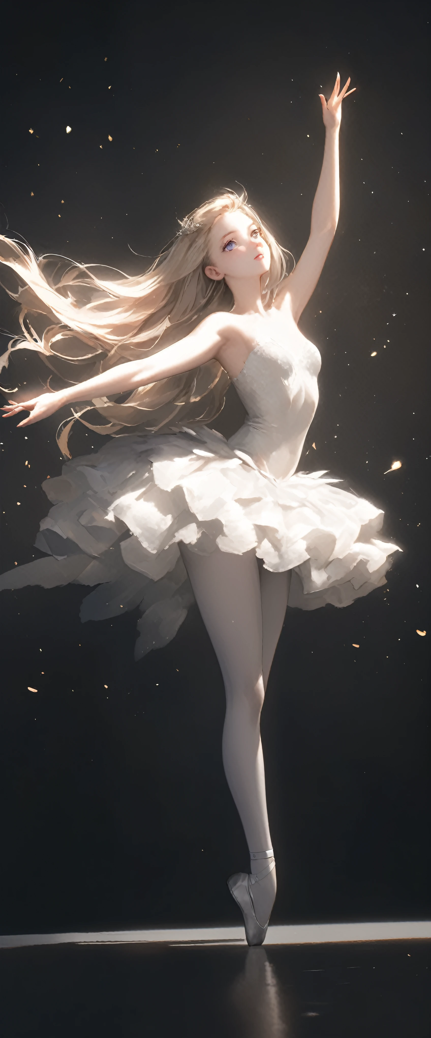 
quality\(masterpiece, best quality,8k,wallpaper of extremely detailed CG unit,hight resolution,top-quality,top-quality real texture skin,hyper realisitic,increase the resolution,RAW photos,best qualtiy,highly detailed,the wallpaper\), BREAK ,solo,1girl\(ballet dancer\(princess odette\), very beautiful,teen, white skin,smooth skin, shiny blonde hair, big eyes, well-defined face, sweat, long eyelashes, tutu dress\(beautiful,shiny, (Transparent:0.5), ballet shoes, slender, dancing\(Swan Lake\), (dynamic pose:1.6),full body,in the air\), BREAK ,background\(inside, ballet stage, dark, beautiful spotlight, simple\), (dynamic angle:1.6), (Pulitzer Prize winning photo:1.3), (award winning photo), beautiful lightworks, great shutter speed, great depth of subject, artistic photo,(long shot:1.5),(wide shot:1.5)