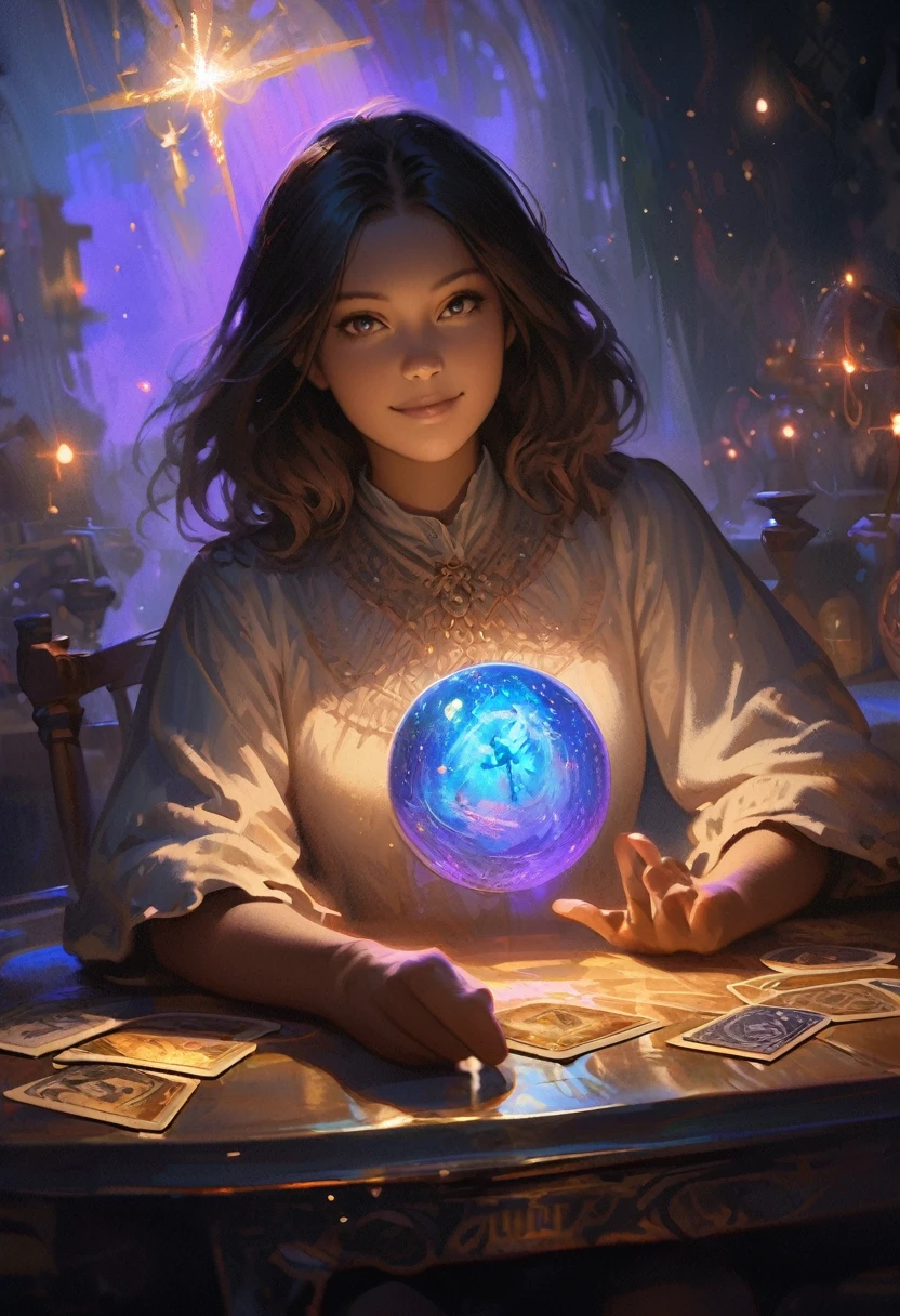 Impressionist paintings, Realistic, One smiling girl, fortune teller, Tarot cards on the table, View your viewers, Dark Skin, Mysterious, Magic, Shine, Shineing, dark Magic lighting, Sulky, Cinematic, Shine, Sparkling, darkness