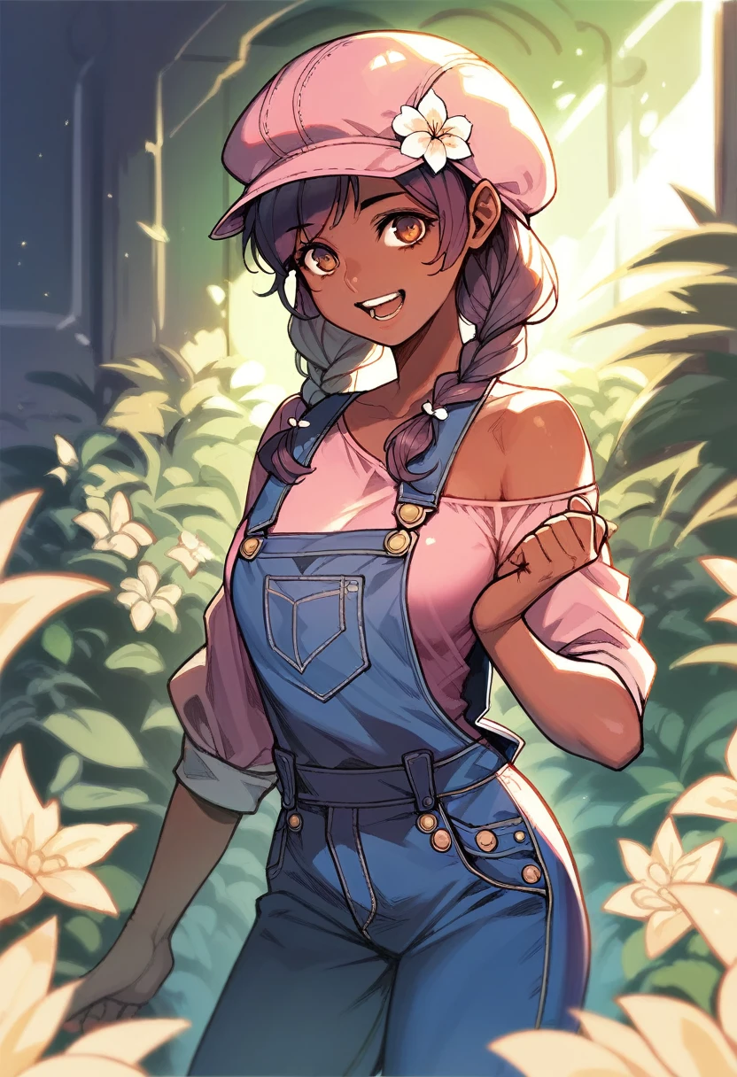 (((Masterpiece))), best quality, cowboy shot, perfect anatomy, realistic face, outdoors, sunny, warm sunlight, backlighting, dramatic lighting, painterly 1girl, twintails, ((long hair)), solo, overalls, three quarter view, flower on head, dark skin, dark skinned female, medium , pink shirt, (loli), shoulder, open mouth, dynamic pose, smile, teeth, cabbie hat, braided ponytail