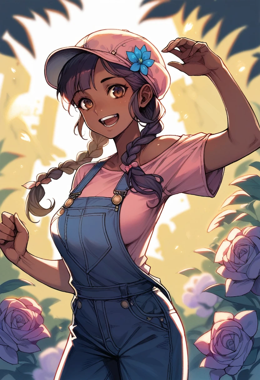 (((Masterpiece))), best quality, cowboy shot, perfect anatomy, realistic face, outdoors, sunny, warm sunlight, backlighting, dramatic lighting, painterly 1girl, twintails, ((long hair)), solo, overalls, three quarter view, flower on head, dark skin, dark skinned female, medium breasts, pink shirt, (loli), off shoulder, open mouth, dynamic pose, smile, teeth, cabbie hat, braided ponytail