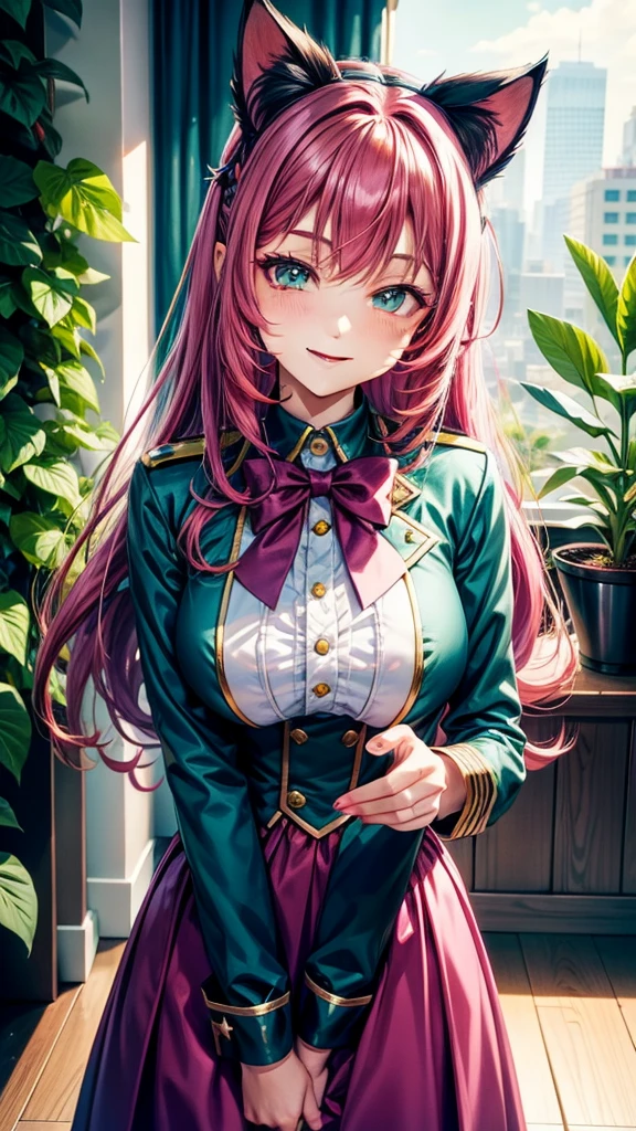 Magenta hair, hazel eyes, older woman, hair bows, cat ears, long hair, smiling face, sexy uniform outfit, teal and gold clothes, succulent plants background