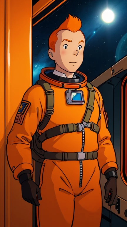 (Teens:1man: Tintin), (extremely detailed CG unit 8k wallpaper),(master part), (best quality), (ultra detali), (best illustration),(stud10gh1bl1_style), cowboy shot, (Sharp eyeliner, ombre, detailed eyes:1),Dark midnight derelict spaceship interiors background, ,break , (astronaut in an orange space suit), upper body, short hair, orange hair