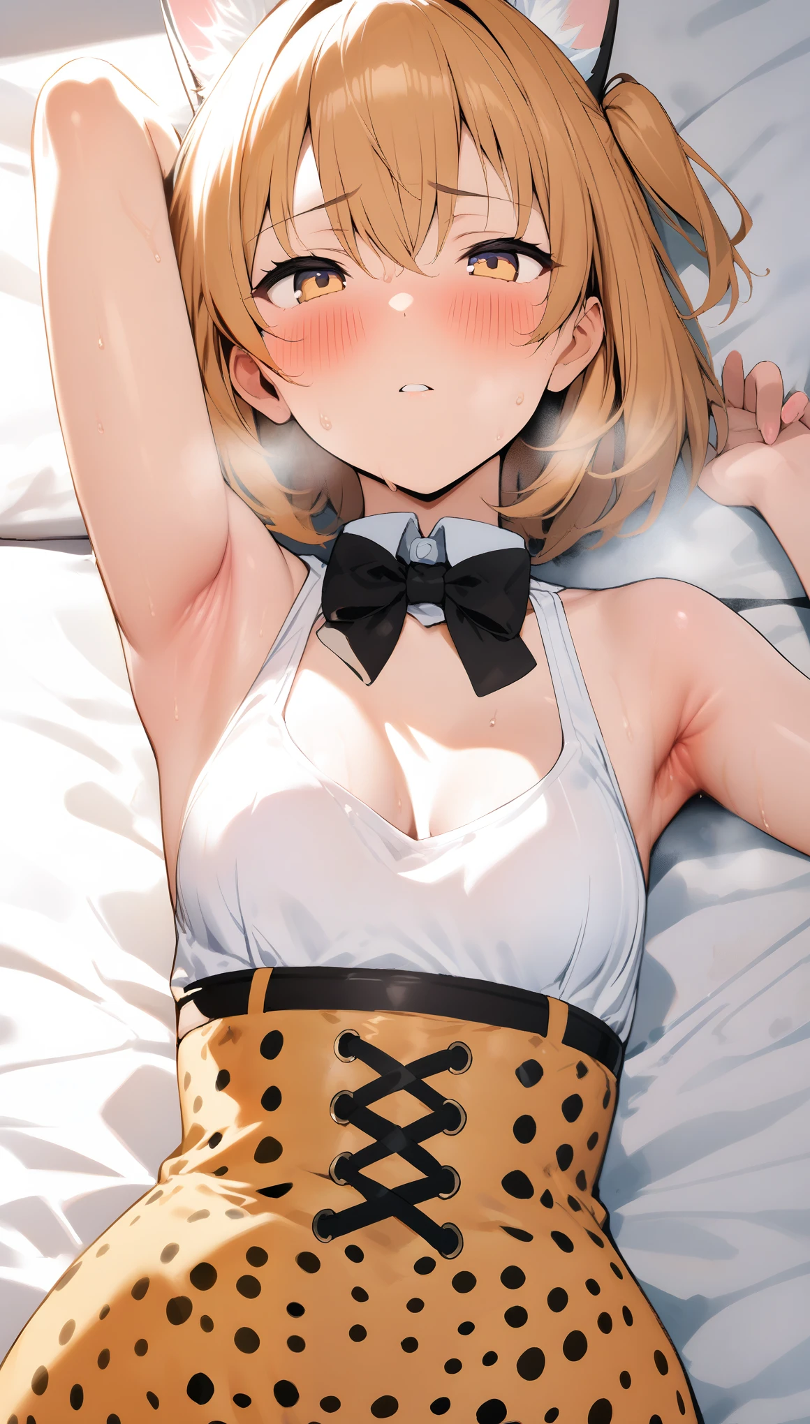 (masterpiece:1.2), hyper detail, best quality, (intricate_details:1.1), beautiful detailed, beautiful hair,short cut hair, solo, 1girl,ONE SIDE UP,Serval,(sweating:1.2),(steam),heavy breathing,steam,blush,from front,shoulder,cleavage,dark,backlighting, shoulder focus,breasts focus,small breasts,breasts focus, shoulder focus,pov,upper body,lying on bed,armpit,BREAK legwear, black bowtie,white sleeveless shirt, high-waist skirt,