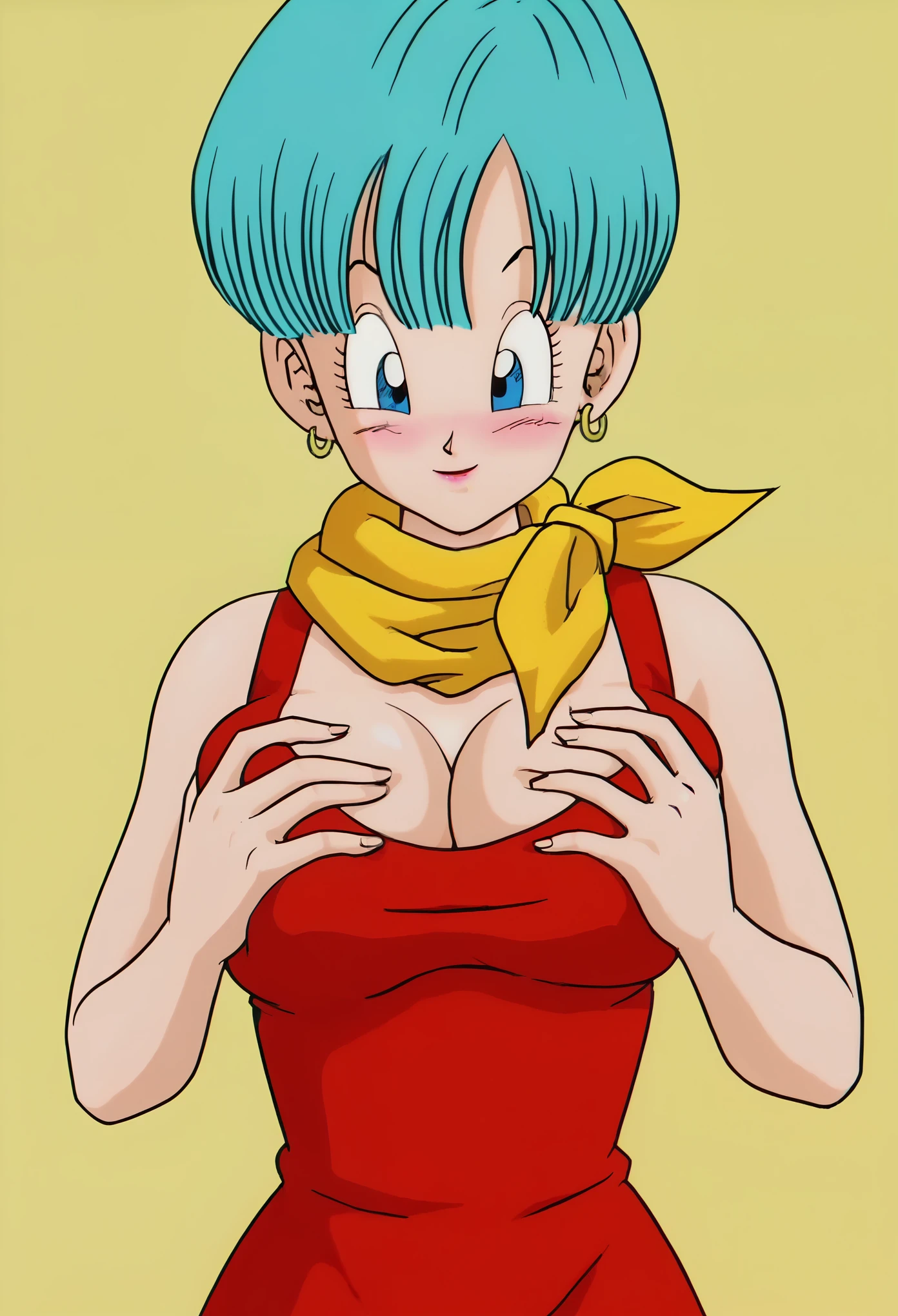 source_anime, score_9, score_8_up, score_7_up, anime screencap,
Buu saga, bulma, 1girl, solo, breasts, looking down, smile, short hair, aqua hair, blue eyes, yellow scarf ,red dress, ((cleavage)),((deep breast grab)), sexy, horny, blushing,((close up)), (((bedroom)))