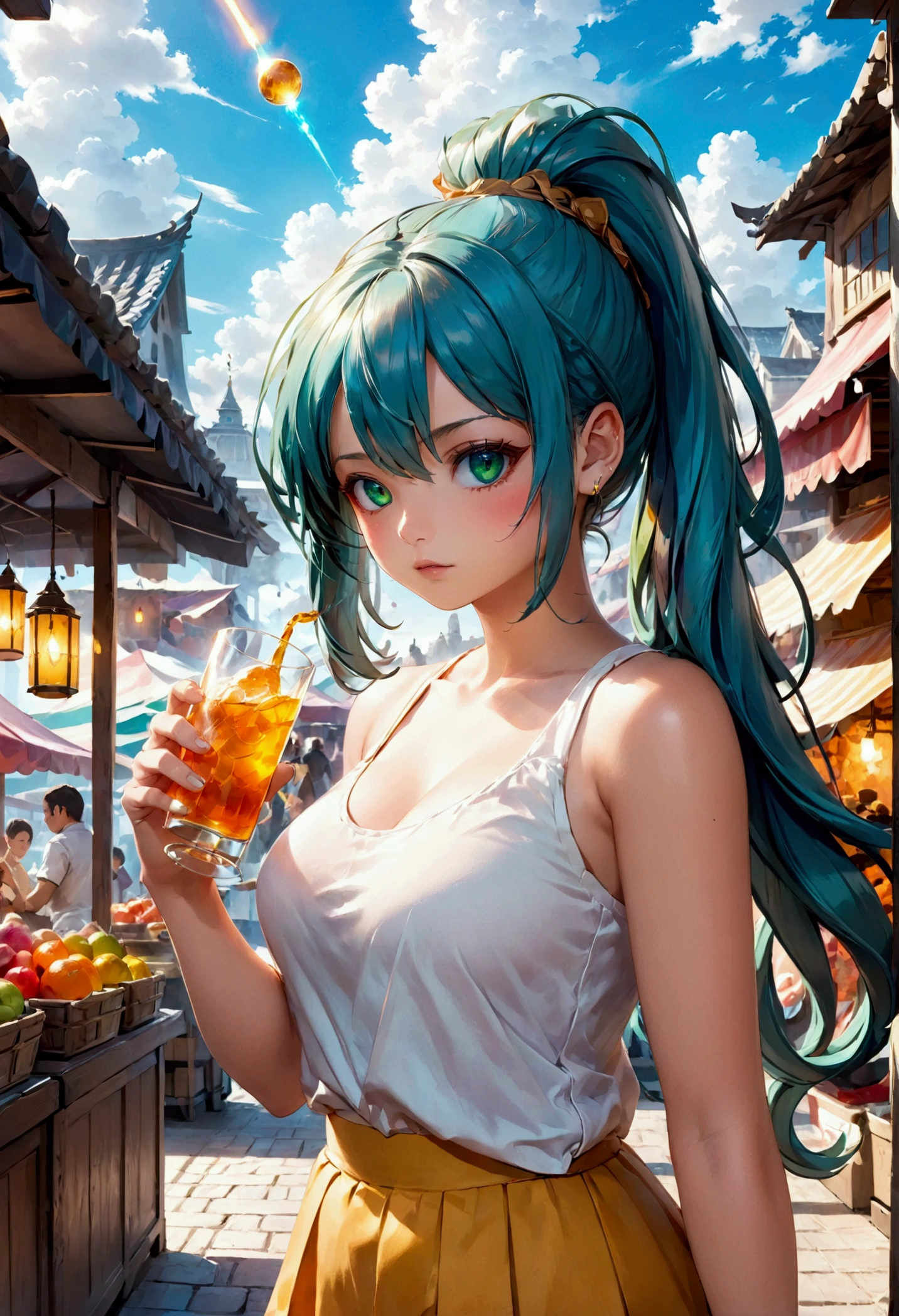 ligar místico com magia anime manga in 4D vivid colors high quality sombria art sexy big tits Madara + Bulma DBZ fênix Portrait front view of a girl standing in a mystical marketplace with green diamond hair in a flowing ponytail in a dynamic pose she is holding a glass of bubbling potion out to the view black eye in the background are busy vendors and magical light and smoke from the various market stalls anime style intricate detailed bright colors fantasy concept art digital art intricate oil on canvas