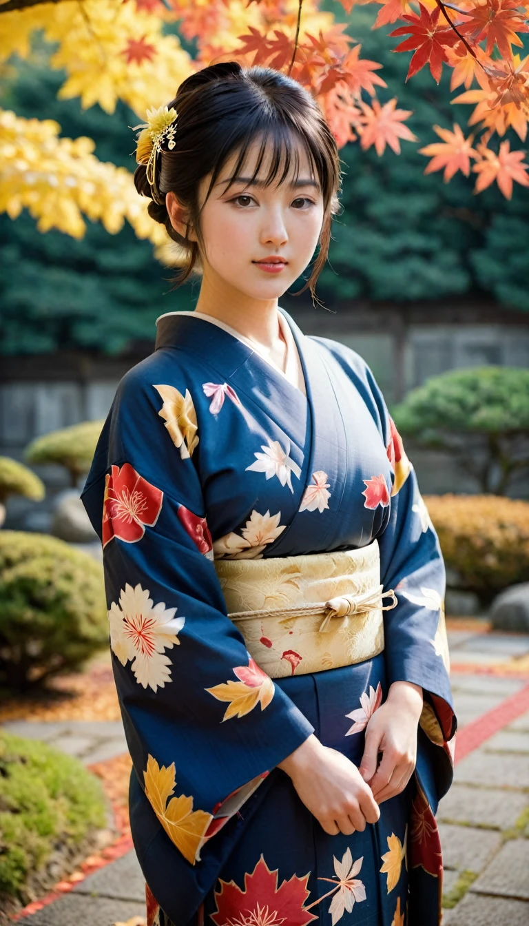 Full-body , a Japanese ancient girl, looking at red and yellow leaves, (beautiful Japanese Young General, girl is 20 years old), (Highly detailed face, Black hair ,Brown eye, chignon, Fuller lips, little Lips, little smile), (C cup breasts, middle hip), (Japanese kimono, background cloth indigo blue , chrysanthemum flower pattern, corrected obi), standing in Japanese on Garden, Autumn red and yellow leaves, maple , Yellow beech, sunrise ,(masterpiece, Highest quality, masterpiece, God-like quality, Godly art, , Very realistic),