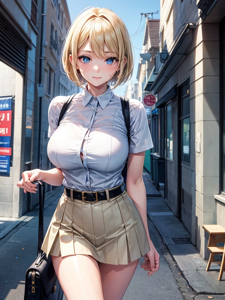 Anime style, super fine illustration, highly detailed, beautiful detailed, pale tone image, static representation, gentle expression, 8k, pretty 1girl with blonde straight short hair & blue eyes & a bright smile & huge breasts & nipples & soft fair skin is wearing big white business shart & black tight skirt & 1business bag, on the business building street, in the morning, brilliant particles of lights, romantic stories, solo, perfect 5fingers, perfect arms, perfect legs, masterpiece.