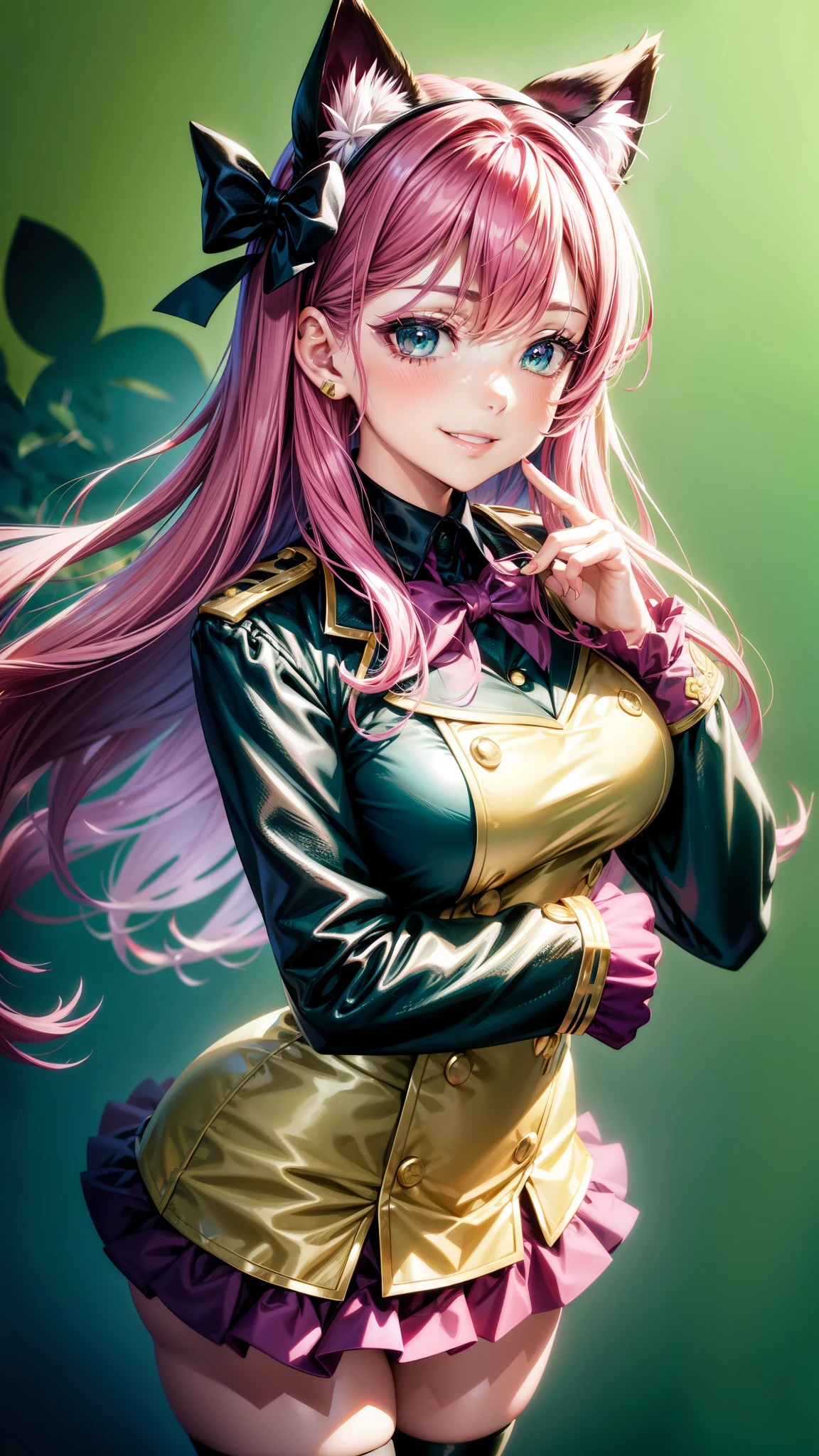 Magenta hair, hazel eyes, older woman, hair bows, cat ears, long hair, smiling face, sexy uniform outfit, teal and gold clothes, succulent plants background
