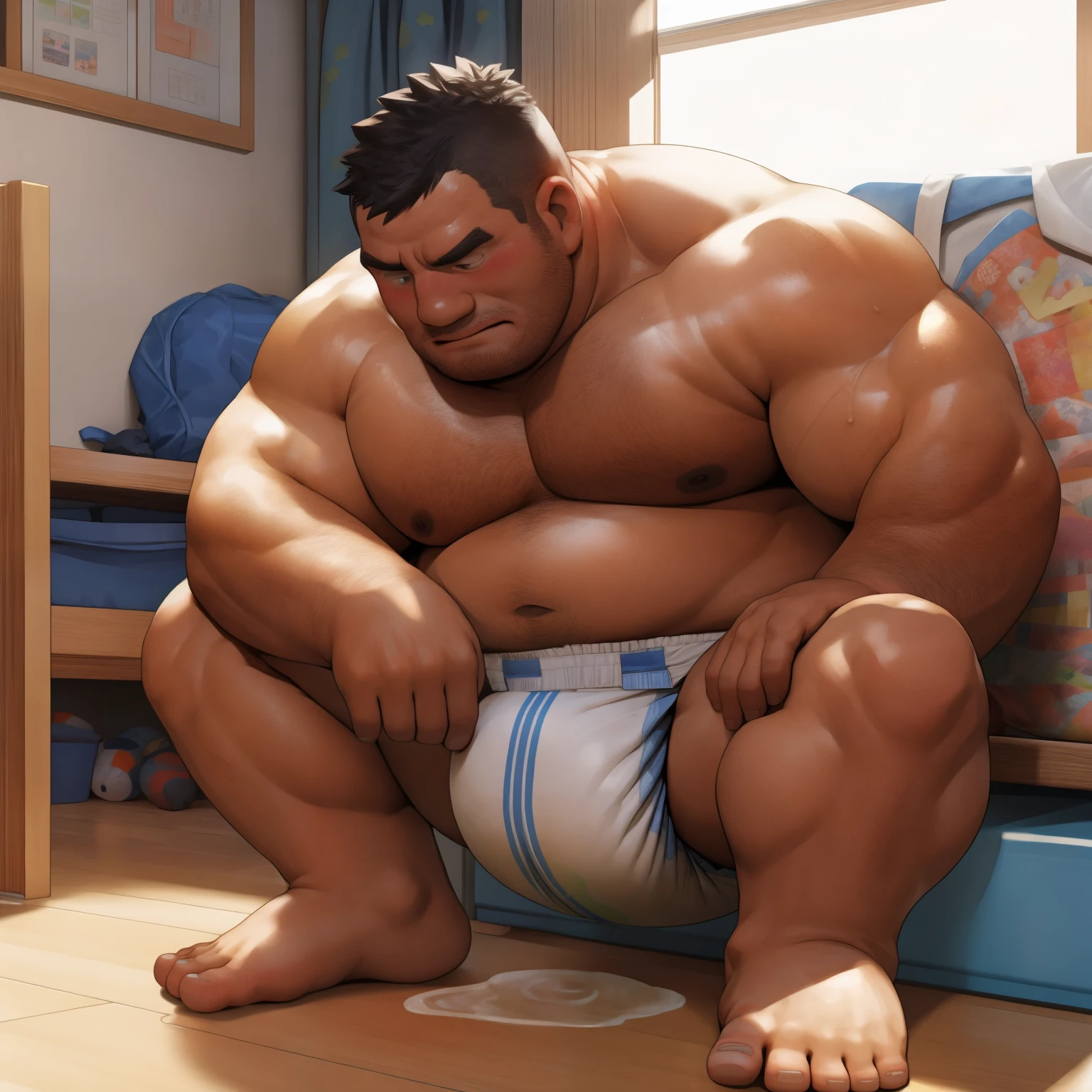 masterpiece, Top quality, in 32K, perfect anatomy, hyper detailed, super fine illustration, The thick man is a brutal prisoner, retarded, hairy, human, 50yo in japan, (fatness: 1.0), Fatty muscle, Bowleg, disappointment, incontinent, be diaper check by children, There is a small puddle under him, Naked, short legs, Bowleg, spread legs, wear a White cloth Diaper, Bare belly, Bare legs, Bare foots, Bare soles, Shirtless, wide forehead and short thinning hair, Man with round  face with stubble, Bare foots, Bare soles, shy, sissy, Weaker than children, Drool, Round face, He enters  and is despised by children, He is made to stand attention in the corner of the playroom, corner time, He surrounded by children, Bare foots, big butt, White Diaper, sobbing, There is a small puddle under him