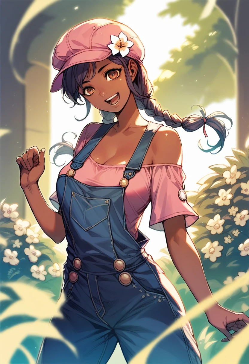 (((Masterpiece))), best quality, cowboy shot, perfect anatomy, realistic face, outdoors, sunny, warm sunlight, backlighting, dramatic lighting, painterly 1girl, twintails, ((long hair)), solo, overalls, three quarter view, flower on head, dark skin, dark skinned female, medium breasts, pink shirt, (), off shoulder, open mouth, dynamic pose, smile, teeth, cabbie hat, braided ponytail, cleavage