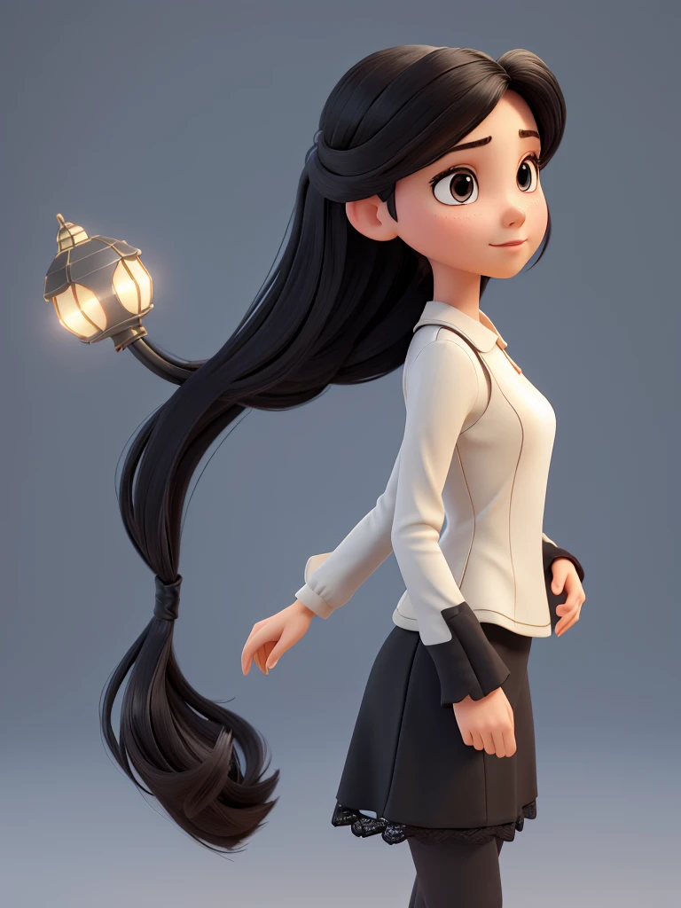 （masterpiece),((High quality)),(best beautiful:1.2),(work of art),((3D stereoscopic face)),8k resolution, (Disney-style), modern girl with a neutral face expression, close-up shot, directly facing the camera, straight long black hair, no blush, wearing a sleek black lace top, standing on a modern stage, looking directly at the camera, her entire body facing the camera, the background is blurry and mysterious, illuminated by light, neutral expression, artistic design, three dimensional, close-up view, 