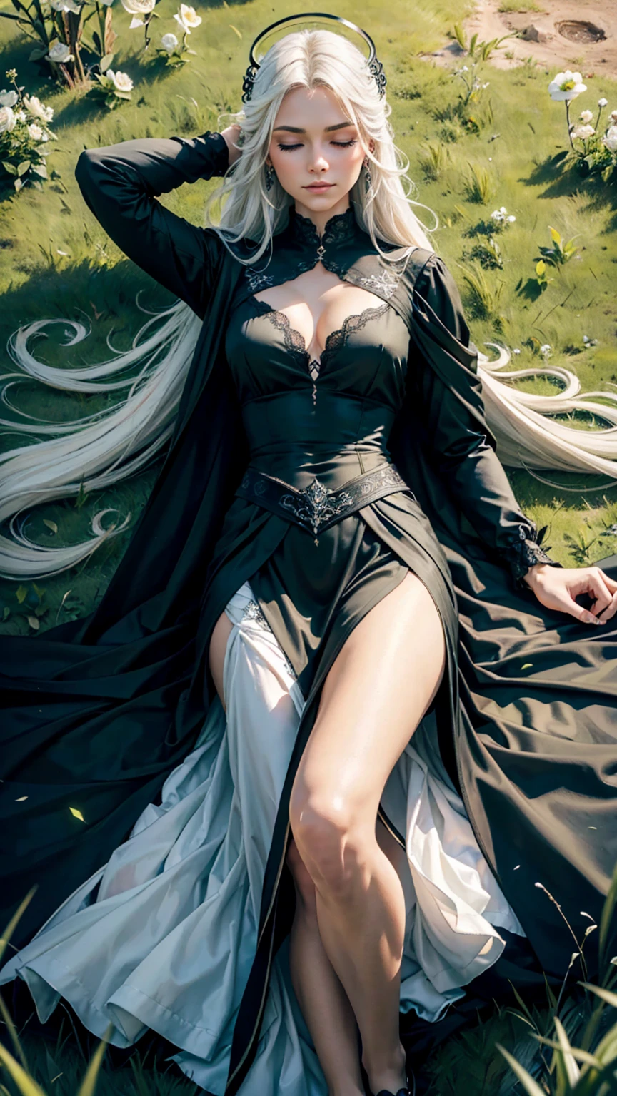 High detail: 1.2 8K: 1.2 Better illumination: 1.2
A stunning woman with long, flowing white hair and luminous blue eyes lies elegantly on the green grass, dressed in an all-black, gothic-inspired outfit. The attire is intricate, with flowing fabric and subtle detailing that reflects her airy element. Her eyes are closed, and her face is serene, with her long hair spread around her like a halo. The black outfit contrasts strikingly with the vibrant green grass and the natural surroundings, highlighting her ethereal presence. The scene is rendered in a photorealistic, hyper-realistic 8k style, with soft, diffused lighting that enhances the textures of the clothing, the grass, and the peaceful expressions of each character, creating a tranquil and harmonious atmosphere.