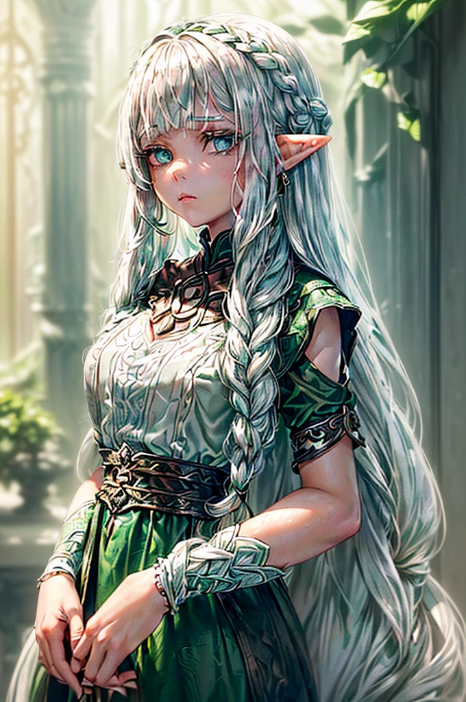 ((Young teen elven girl with silvery white hair braided to her back. She wears a brown scarf around her neck and a dark green, tattered dress. She has emerald colored eyes and a pretty face that shows she is still a , even though she seems to be closer to grown woman than the . Her expression is calm but the light of determination burns in her eyes))