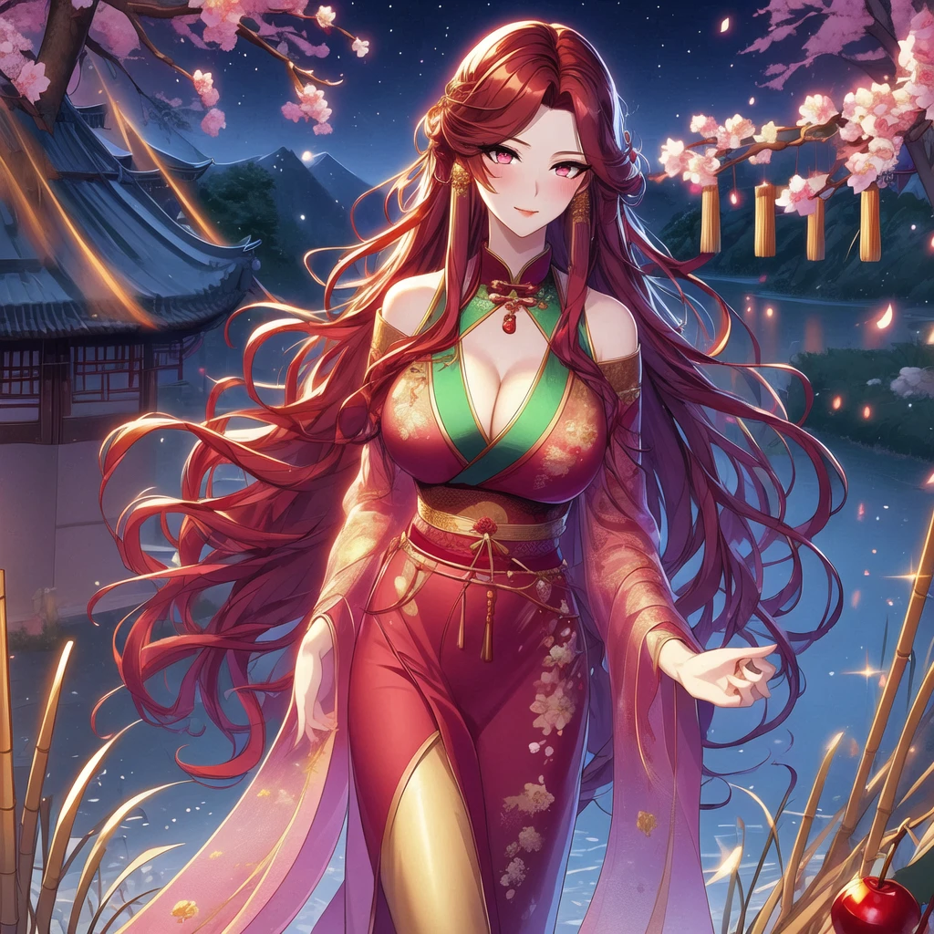 (masterpiece, best quality:1.2), 1 women, xian mei, solo, 18 year, chinese clothes, ultra long skirt, purple eyes, long dark red curly hair, jewellery, perfect anatomy,, (top view), Xian Mei, solo, mature woman, 1 girl, (masterpiece, best quality, highly detailed), sharp focus, highly detailed face, face focus, highly detailed eyes, long hair, crown braid, wavy hair over shoulders, (dark red hair : 1.3) , purple eyes, (shiny eyes: 1.2), long eyelashes, (strong blush, drunk: 1.2), fine makeup, big breasts, ((red-black intricate dress, bare shoulders, cleavage )), ((twilight, diamond shard, explorer, bamboo bud background, grass, around green particles, calm lake, cherry blossom background, breeze)), cinematic lighting, edge lightning, ray tracing, shading, dynamic angle
