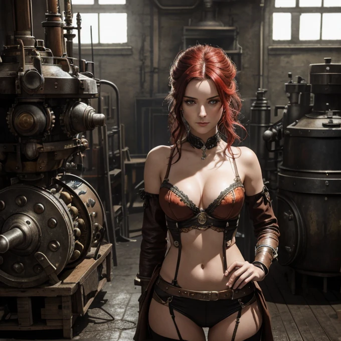 Une femme steampunk, très détaillé, aux cheveux rouge feu, yeux verts perçants, Un décolleté plongeant, ultra-sexy, expression aguicheuse, un décor post-apocalyptique, 8k, hyper détaillé, Éclairage dramatique, couleurs vives, composition cinématographique, brouillard volumétrique, machines complexes, engrenages, accents de cuivre, détails en cuir et laiton, pose provocante, jambes nues écartées