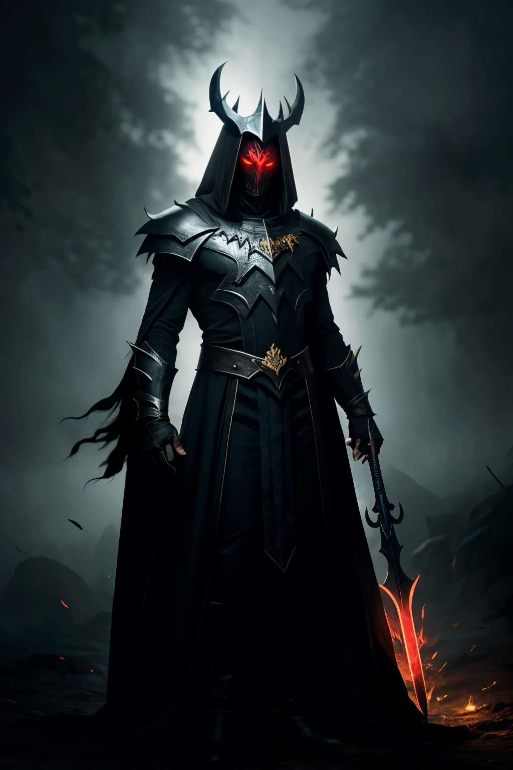 Nocturnus has a dark and terrifying appearance. His outfit is similar to Faramis from Mobile Legends, with elegant but somber clothes, adorned with arcane symbols and a cloak that appears to be made of living shadows. His face is pale and sharp, with glowing red eyes and prominent fangs. He wears a crown or helmet that emphasizes his status as king of the undead.