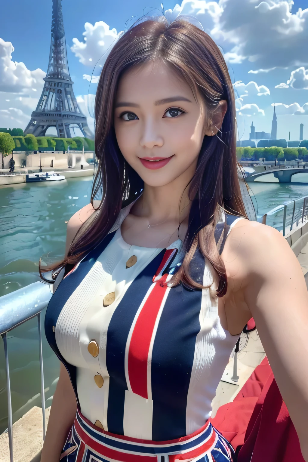 (((Women supporting the Paris Olympics:1.3))),(((Paris cityscape))),(((Eiffel Tower in the background))),(((The Seine in the background))),(((British flag themed costume:1.3))),((smile:1.3))),(Union Flag),(masterpiece,Highest quality,Ultra-high resolution output images,Write Boundary Depth,Intricate details,Add depth to your subject with contrast between light and shadow,Anatomically correct facial structure),(Picture Mode Ultra HD,)