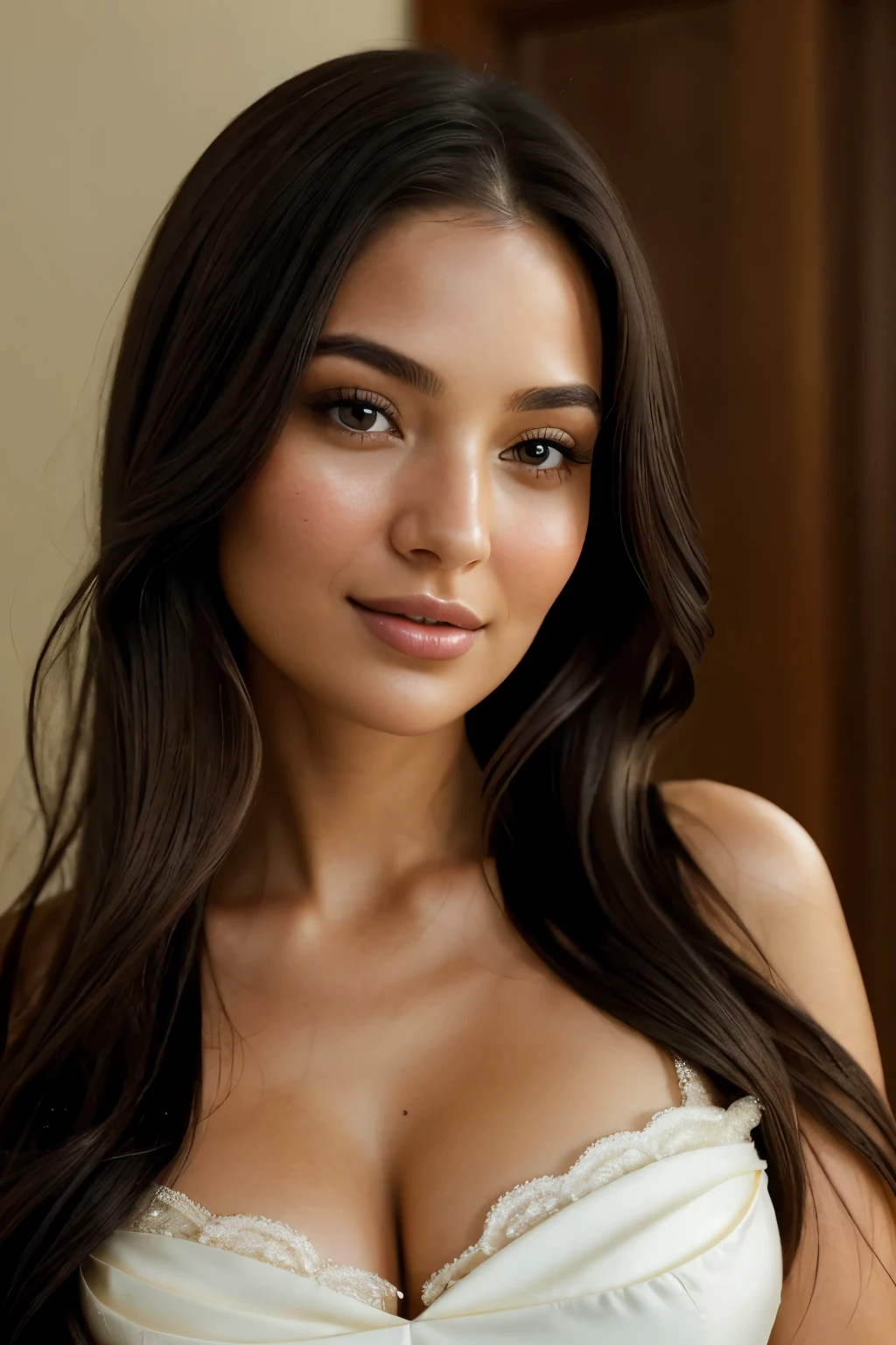 High-resolution, cinematic frontal portrait of the radiant and captivating Lydia Grace, a 32-year-old woman with an oval face that exudes elegance and charm. Her delicate and feminine features include a long, smooth face, cascading down her shoulders with flowing black hair. Her hypnotic light brown eyes, like honey, are filled with intelligence and warmth, perfectly balanced with an elegant nose and softly defined cheekbones. Her radiant smile is contagious, illuminating the room with its natural plumpness and rosy color, adding a touch of fascination to her already captivating presence.
Lydia takes great care of her