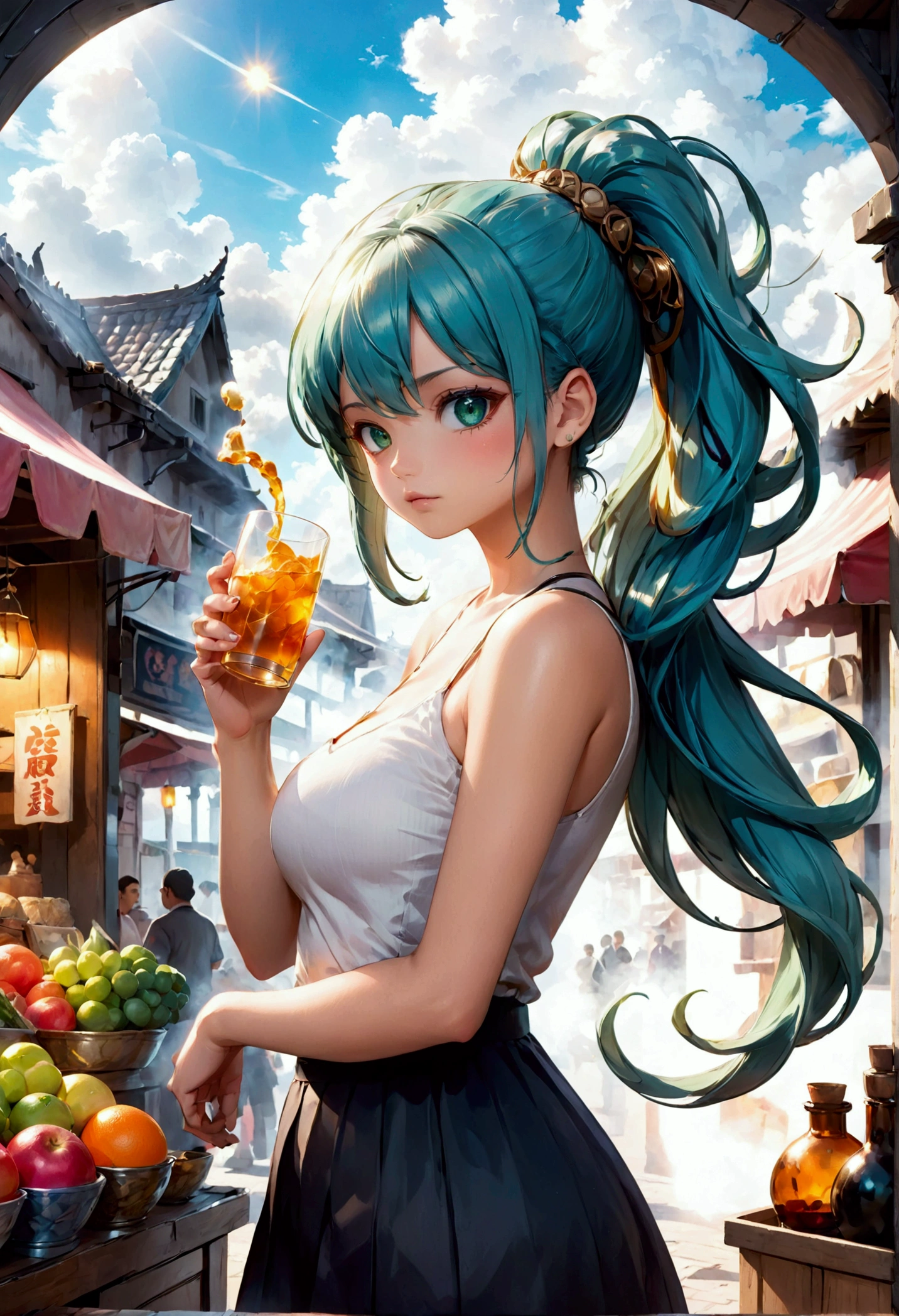 atmosphere místico com magia anime manga in 4D vivid colors high quality sombria art sexy big tits Madara + Bulma DBZ fênix Portrait front view of a girl standing in a mystical marketplace with green diamond hair in a flowing ponytail in a dynamic pose she is holding a glass of bubbling potion out to the view black eye in the background are busy vendors and magical light and smoke from the various market stalls anime style intricate detailed bright colors fantasy concept art digital art intricate oil on canvas