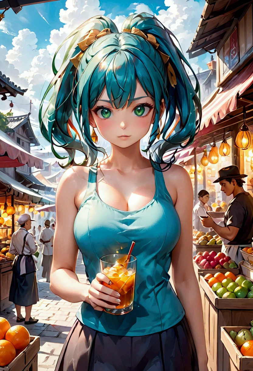 atmosphere místico com magia anime manga in 4D vivid colors high quality sombria art sexy big tits Madara + Bulma DBZ fênix Portrait front view of a girl standing in a mystical marketplace with green diamond hair in a flowing ponytail in a dynamic pose she is holding a glass of bubbling potion out to the view black eye in the background are busy vendors and magical light and smoke from the various market stalls anime style intricate detailed bright colors fantasy concept art digital art intricate oil on canvas