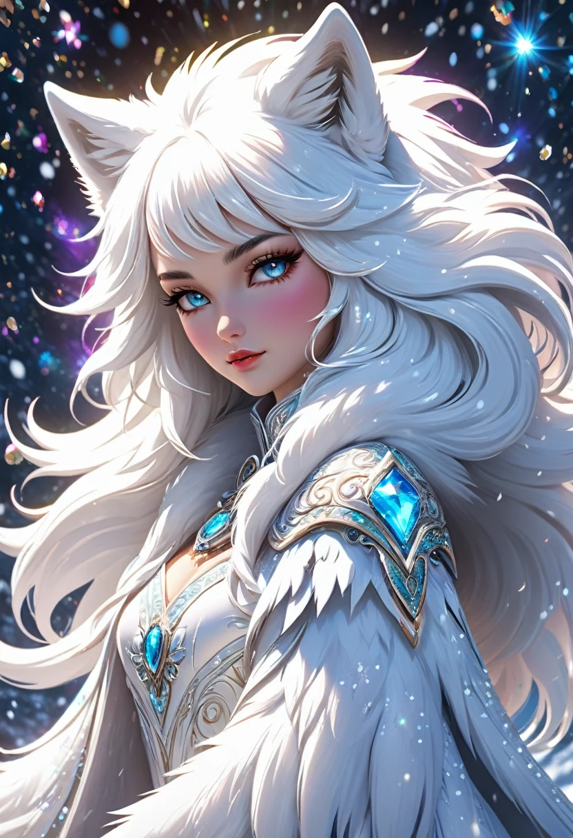 Full body shot of a beautiful white mysterious fur wolf thick woman deity with advanced lighting techniques that bring every detail into sharp focus, alive in a breathtaking 8K resolution that draws the eye like a magnet, engulfed in a swirling vortex of (((prismatic sparkles and glitter))), colors of the dream intertwining with the fantastical, all set against a backdrop of (((snow)), emphasizing the (realistic) details and (hyper-realistic) textures, with (volumetric lighting) that completes this truly (epic visual feast).