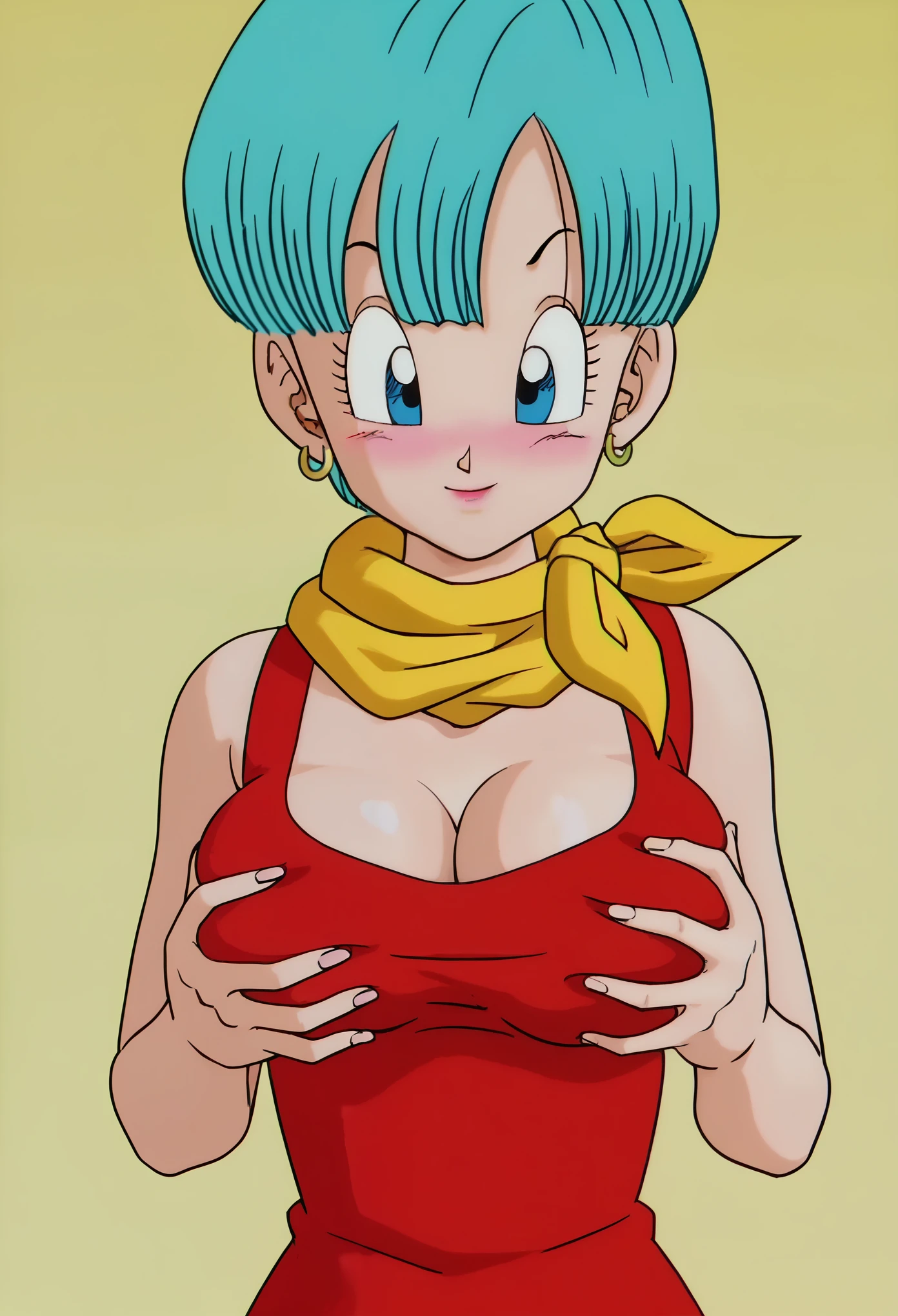 source_anime, score_9, score_8_up, score_7_up, anime screencap,
Buu saga, bulma, 1girl, solo, breasts, looking down, smile, short hair, aqua hair, blue eyes, yellow scarf ,red dress, ((cleavage)),((deep breast grab)), sexy, horny, blushing,((close up)), ((((bedroom))))