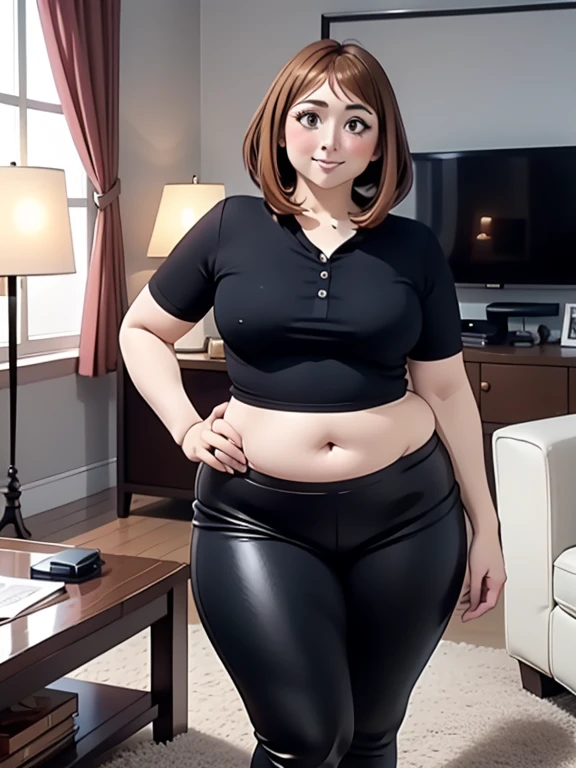 high quality, best quality, beautiful, perfect lighting, detailed face, mature face, ((1girl)), ((solo)), Imagine Ochaco Uraraka as an adult, 45 years old, MILF, plus sized milf, short brown hair, brown eyes, ((blush)), smile, looking at viewer, black leather pants, dark blue shirt, white heels, ((medium breasts)), wide hips, thick thighs, chubby, love handles, muffin-top, round belly, protruding gut, living room, hands on hips,
