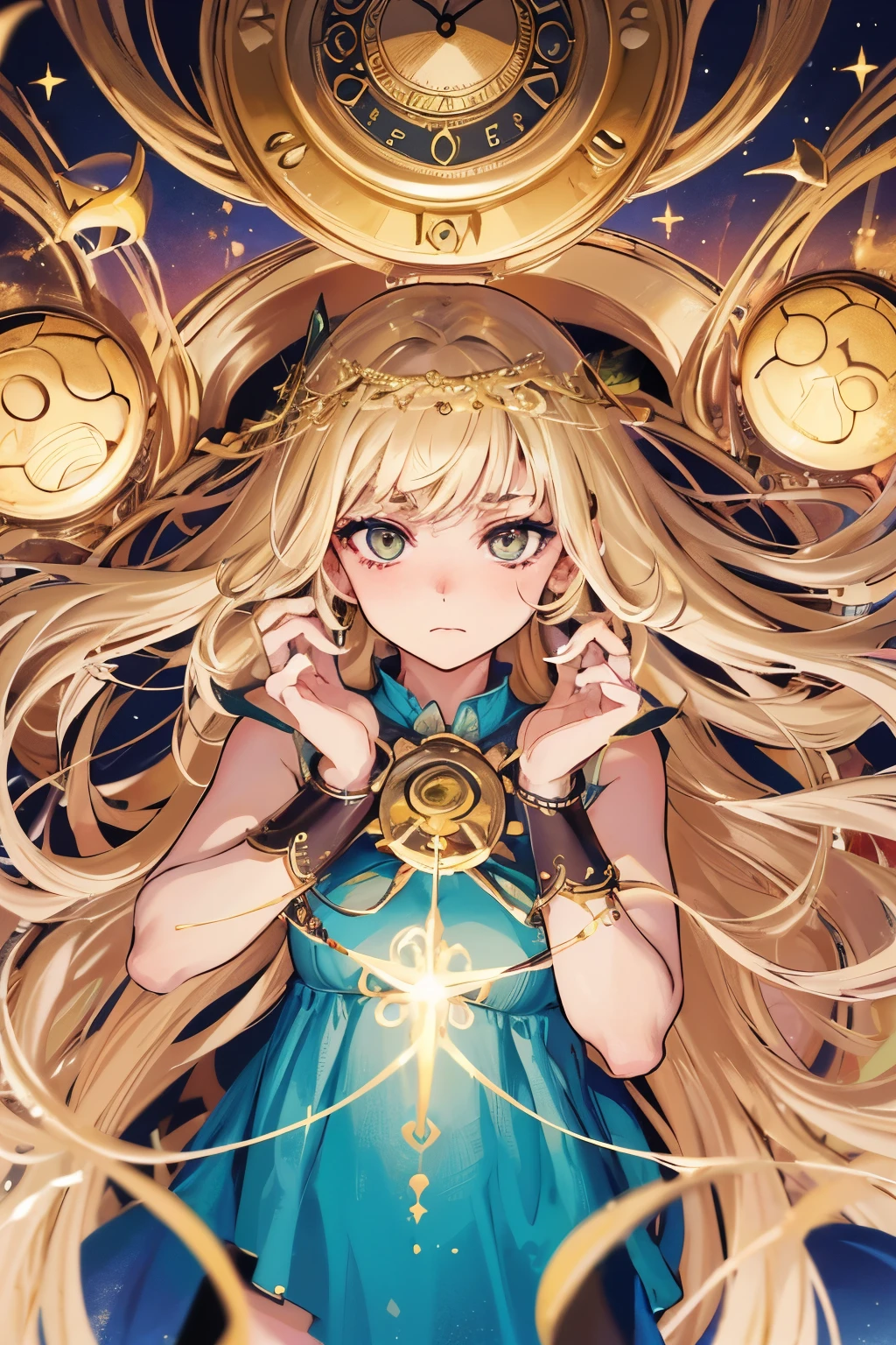 ( high quality , Super detailed, Watch your hands )Zodiac sign - Gemini Goddess , Similar to the goodness of Latin , Twin Goddesses , Curious, Skillful, Humorous, Fascinating, Imaginative faces , Sometimes unrealistic, Restless, Nervous, Careless style , Light brown eyes , Light blonde hair , Transparent dress , In the windy sea , whole body , Sexy Makeup ,
