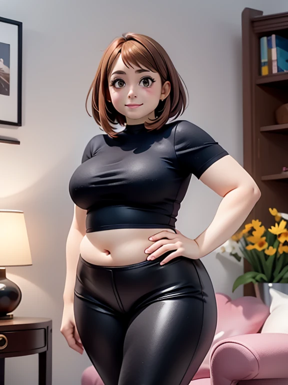 high quality, best quality, beautiful, perfect lighting, detailed face, mature face, ((1girl)), ((solo)), Imagine Ochaco Uraraka as an adult, 45 years old, MILF, plus sized milf, short brown hair, brown eyes, ((blush)), smile, looking at viewer, black leather pants, dark blue shirt, white heels, ((medium breasts)), wide hips, thick thighs, chubby, love handles, muffin-top, round belly, protruding gut, living room, hands on hips,