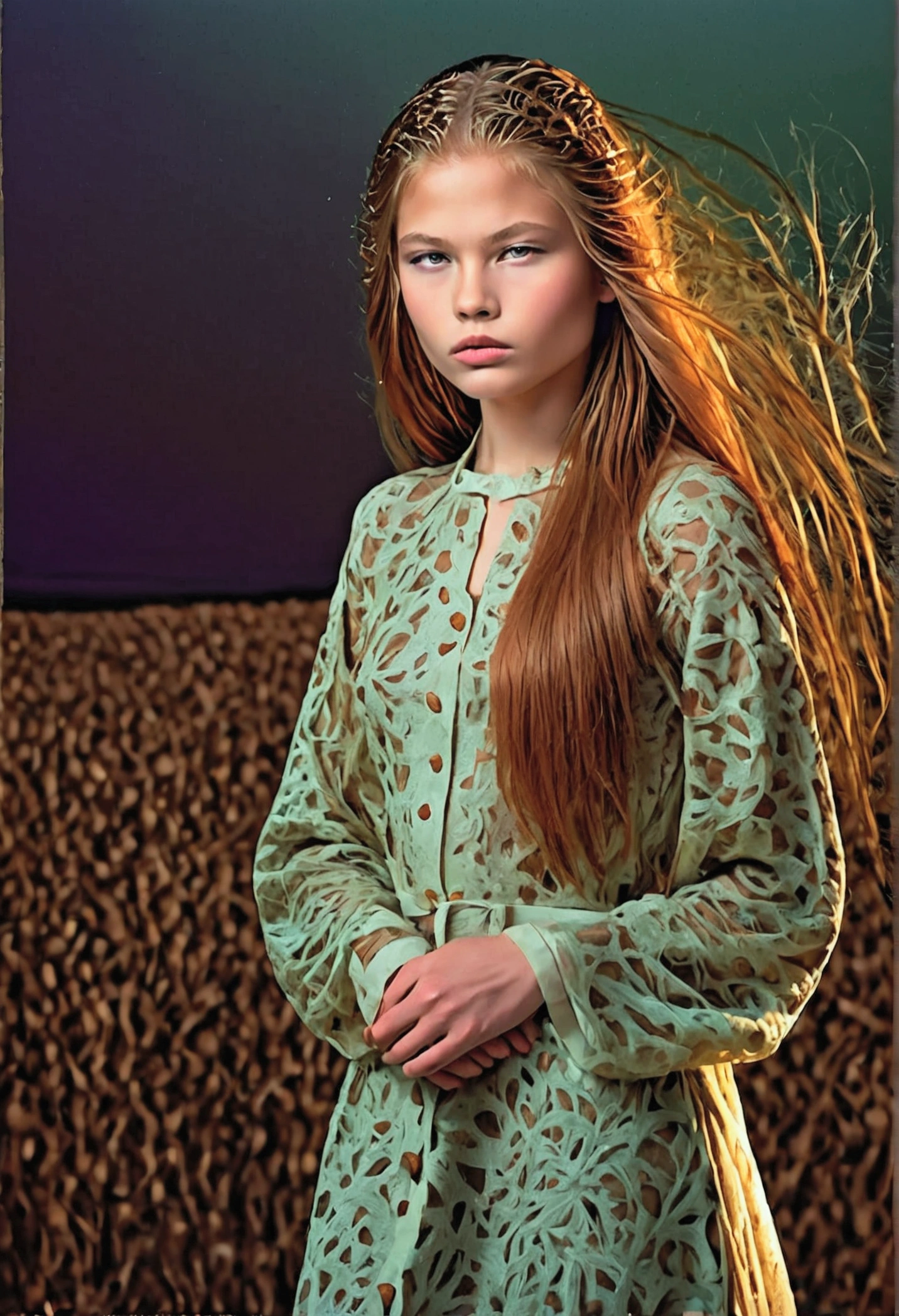 Luma is an elegant person, She is beautiful and has a strong posture, she has breasts that are voluminous in proportion, a feminine pear silhouette, red hair, long red hair, Ela tem olhos expressivos, ( Only olive green eyes) Her skin is fair and she has a few light freckles on her cheekbones., busty, farm, brown rustic clothes, boho clothes, roupas da moda boho farm, romantic vibes, fire lights, fire sparkles, flowers dress their hair to be half straight and half with curled ends cartoon