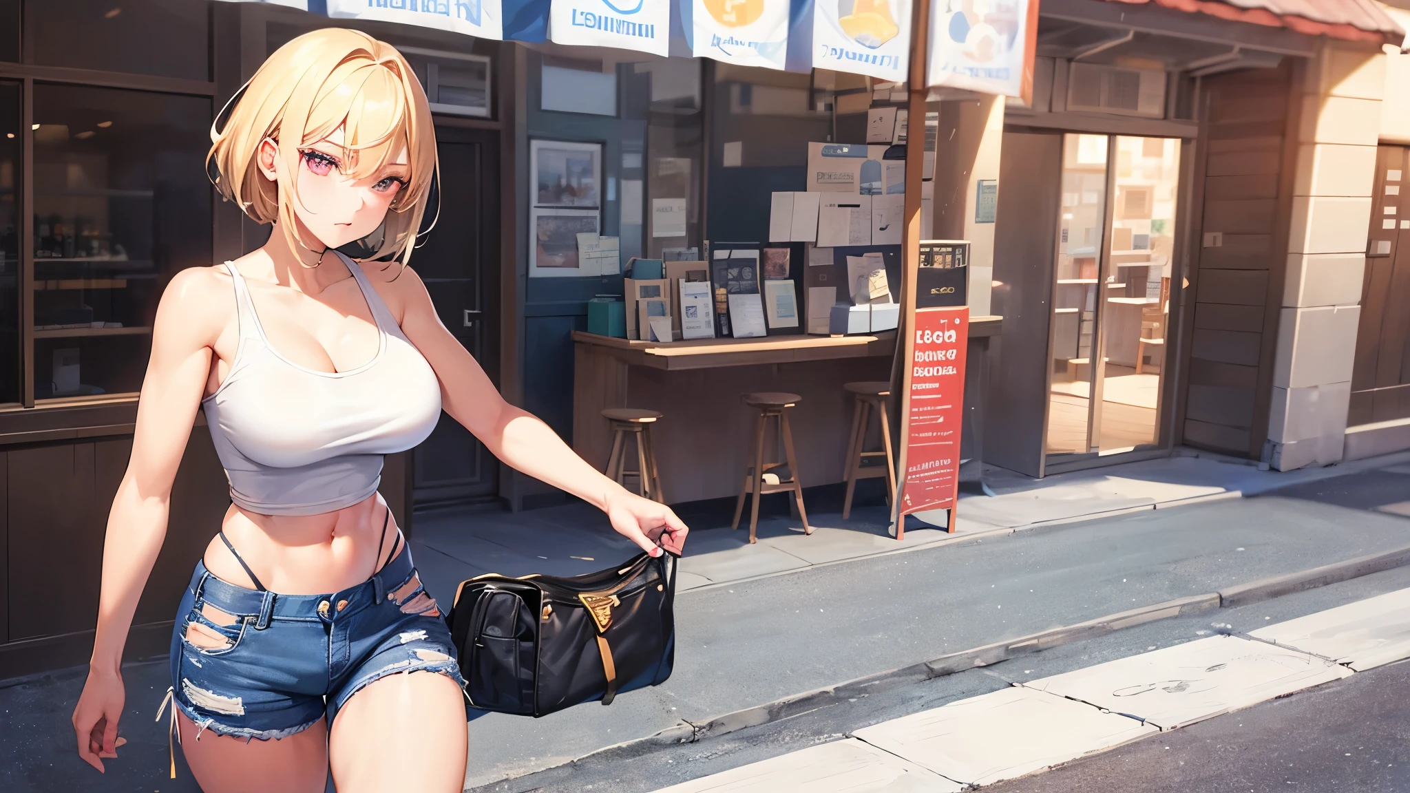 Create an image of a 20-year-old teenage woman named Zoe. He has an angelic face with red eyes, White skin. its height is 1,70 meters and has a detailed physique with large, firm breasts. His short hair, pixie style, He is blonde and straight, just above your shoulders, Wear a white tank top, neckline, Sexy Bar Mini Shorts with Denim Thong, low rise, High socks,, visible navel, thing legs, thin legs, long legs, walking. Zoe's pose is straight and firm, looking towards the camera with a smile in a very beautiful carto posing for a silfie
