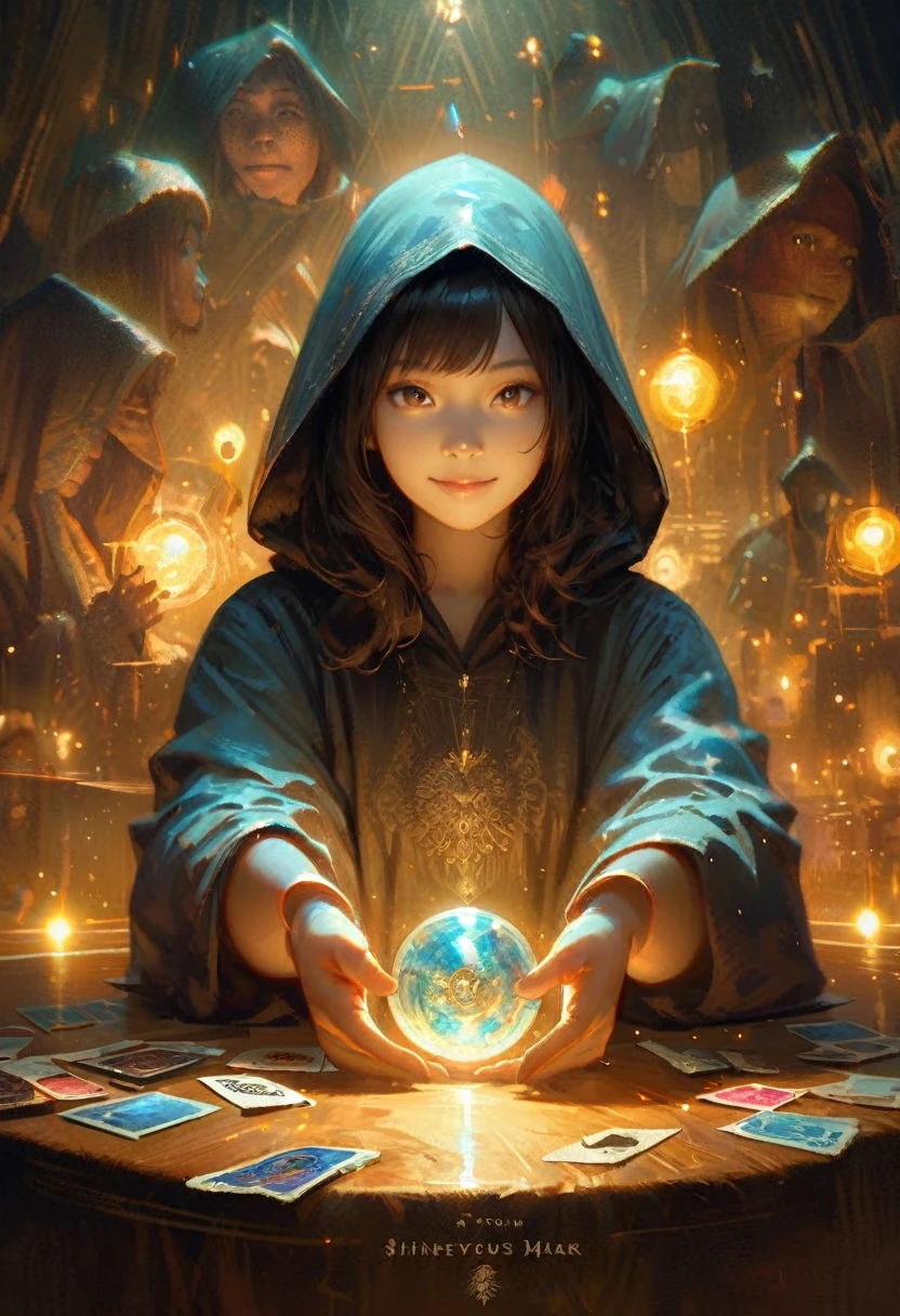 Impressionist paintings, Realistic, A smiling young hooded Asian woman, fortune teller, Tarot cards on the table, View your viewers, Mysterious, Magic, Shine, Shineing, dark Magic lighting, Sulky, Cinematic, Shine, Sparkling, darkness