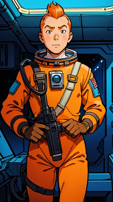 (Teens:1man: Tintin), (extremely detailed CG unit 8k wallpaper),(master part), (best quality), (ultra detali), (best illustration),(Valerian & Laureline Comic Style), cowboy shot, (Sharp eyeliner, ombre, detailed eyes:1),Dark midnight derelict spaceship interiors background, ,break , (astronaut in an orange space suit), upper body, short hair, orange hair