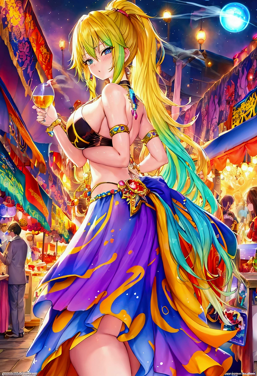 anime manga in 4D vivid colors high quality sombria art sexy big tits Madara + Bulma DBZ fênix Portrait front view of a girl standing in a mystical marketplace with gold yellow diamond hair in a flowing ponytail in a dynamic pose she is holding a glass of bubbling potion out to the view black eye in the background are busy vendors and magical light and smoke from the various market stalls anime style intricate detailed bright colors fantasy concept art digital art intricate oil on canvas