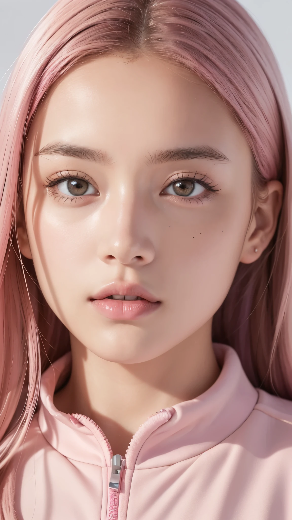 Beautiful girl with brown eyes and pink hair in sportswear closeup on face photo shoot