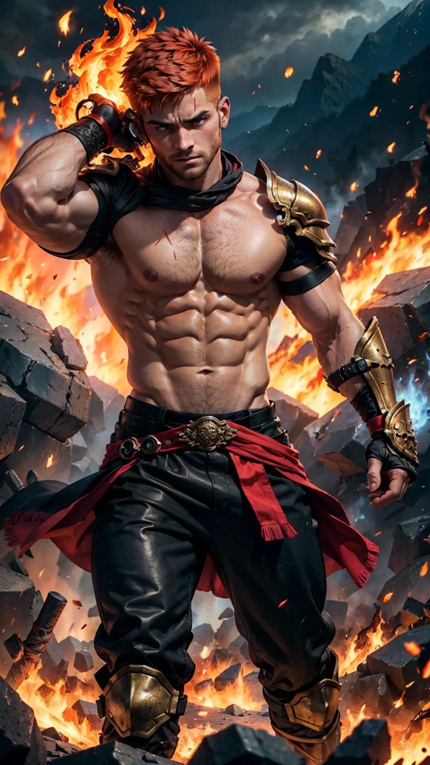 High detail: 1.2 8K: 1.2 Better illumination: 1.2
A strong, muscular man with short, fiery orange undercut hair and freckles is in the midst of a fierce battle. He wears ornate red and black armor adorned with flame motifs, which is intricately detailed and scorched from the intense heat of the battle. The armor protects his chest, shoulders, and forearms, while his lower body is covered in fitted pants. His face shows signs of exhaustion and determination, with cuts and bruises visible. One eye is partially obscured by a bandage, and a fresh scar runs diagonally across his chest. He wields a blazing sword, with flames dancing around it as he swings it with powerful, sweeping motions. The background is a chaotic battlefield, with fire and smoke swirling around, creating a dramatic and intense atmosphere. The scene is rendered in a photorealistic, hyper-realistic 8k style, with vibrant HDR that enhances the fiery colors and details of the battle.
