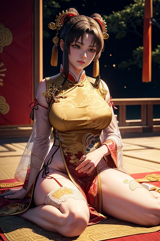 at night,whole body,KOF:mai shiranui ,(((Transparent ancient Chinese palace embroidered clothing;Golden lace))), jewelry ,Graceful sitting,masterpiece,Highest quality,Official Art,Very detailed, 3d, Cinema 4D,8k,Realistic:1.4, ( ##Color Tattoo ##,Color Tattoo, ~+Color Tattoo:1.6),(Perfect female curves, Huge breast),(A seductive gaze), To the camera, Pink Lips,Delicate fingers and hands,Magic Hour, Rembrandt Lighting, Front and fill lights, Hard Shadows,Camel Toe、Giant tit、Nipple Puffs、Cleavage、Plump、Super big breasts、Super big butt、Bubble butt