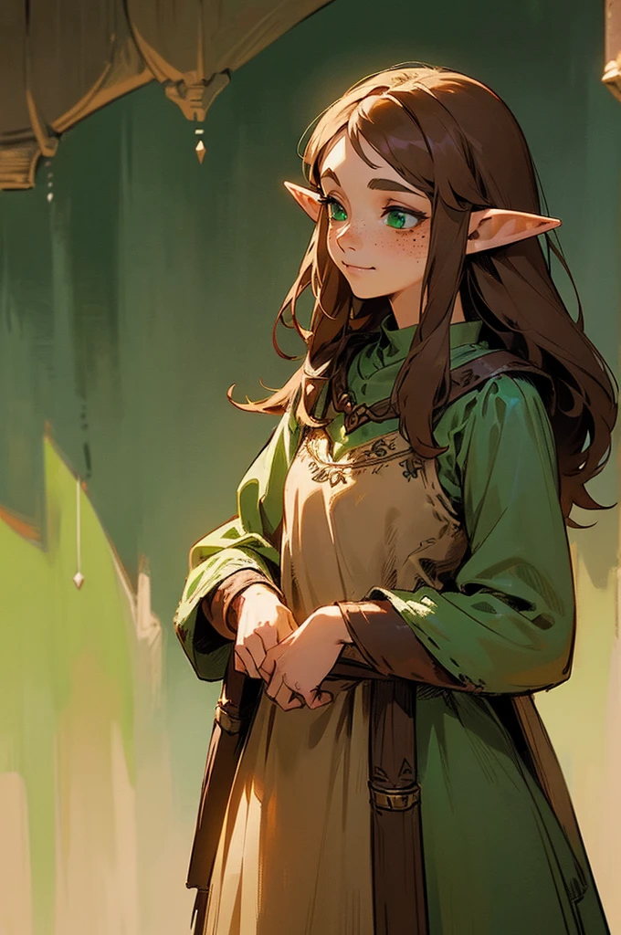 ((Female, fantasy world, legend of Zelda character, long brown hair, green eyes, elf, tattered peasant dress, small smile, freckles, wood elf, detailed image))
