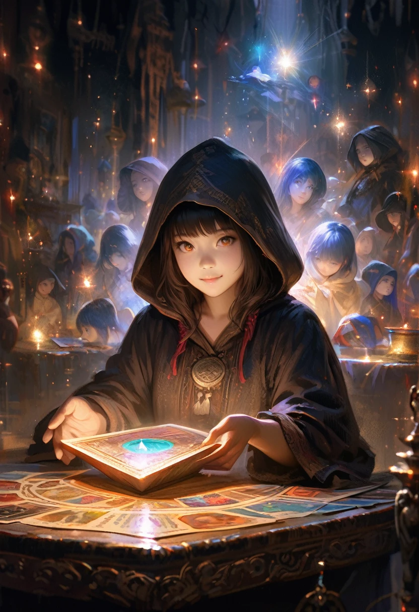 Impressionist paintings, Realistic, A smiling young hooded Asian woman, fortune teller, Tarot cards on the table, View your viewers, Mysterious, Magic, Shine, Shineing, dark Magic lighting, Sulky, Cinematic, Shine, Sparkling, darkness