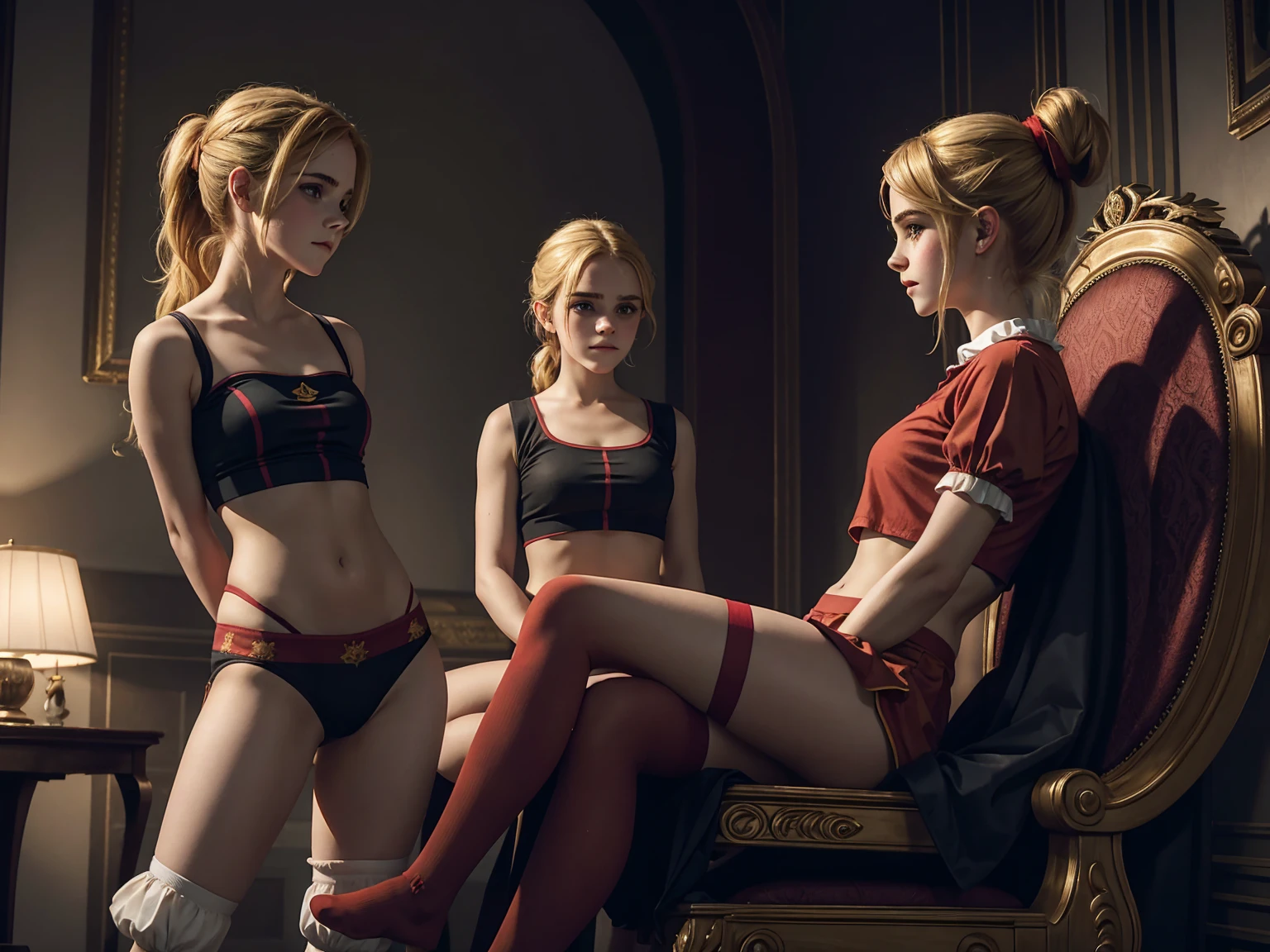 masterpiece. a beautiful two girls emma watson dressed as girl clown. blonde, ponytail, faint smile. intricate tight short uniform, crop top, red socks. dark ambient. on a royal throne.