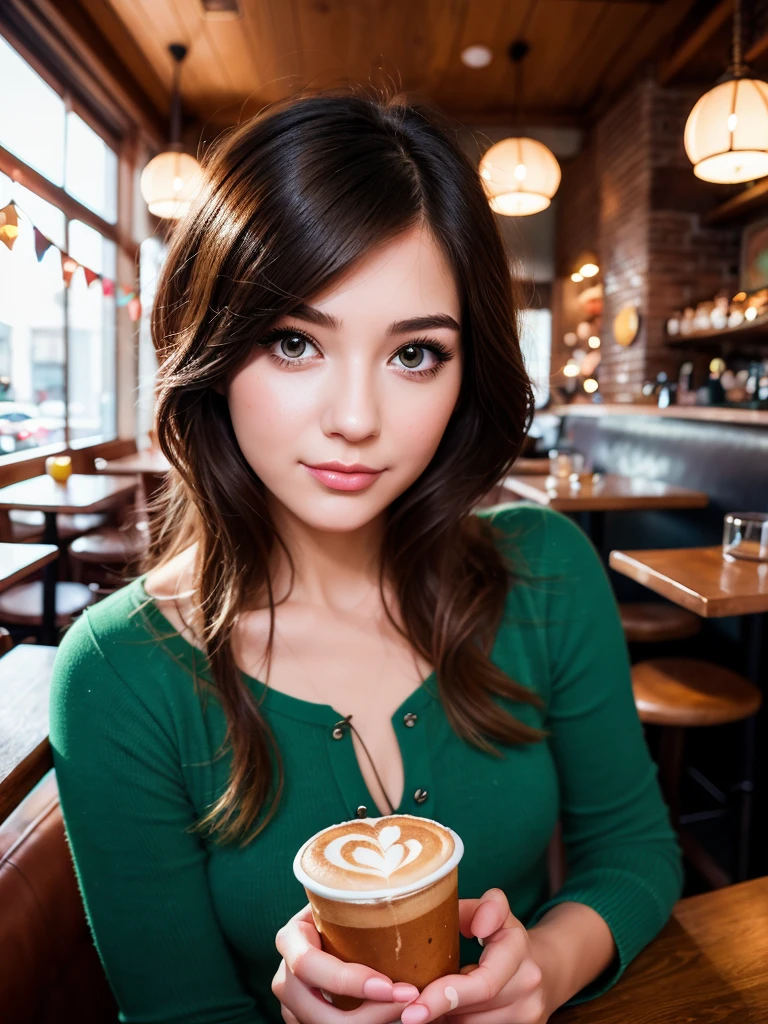 cute girl in a cozy cafe, detailed digital painting, realistic cute character, beautiful young woman, charming digital art, cute cartoon character, adorable digital painting, cute expression, beautiful character design, kawaii, cartoon digital painting, cute and beautiful, highly detailed digital art, mysterious cafe girl, adorable facial expression, anime-style cute