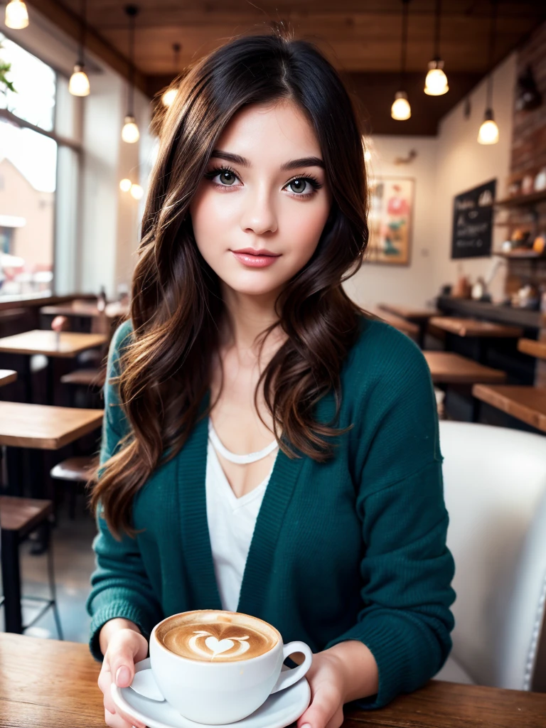 cute girl in a cozy cafe, detailed digital painting, realistic cute character, beautiful young woman, charming digital art, cute cartoon character, adorable digital painting, cute expression, beautiful character design, kawaii, cartoon digital painting, cute and beautiful, highly detailed digital art, mysterious cafe girl, adorable facial expression, anime-style cute
